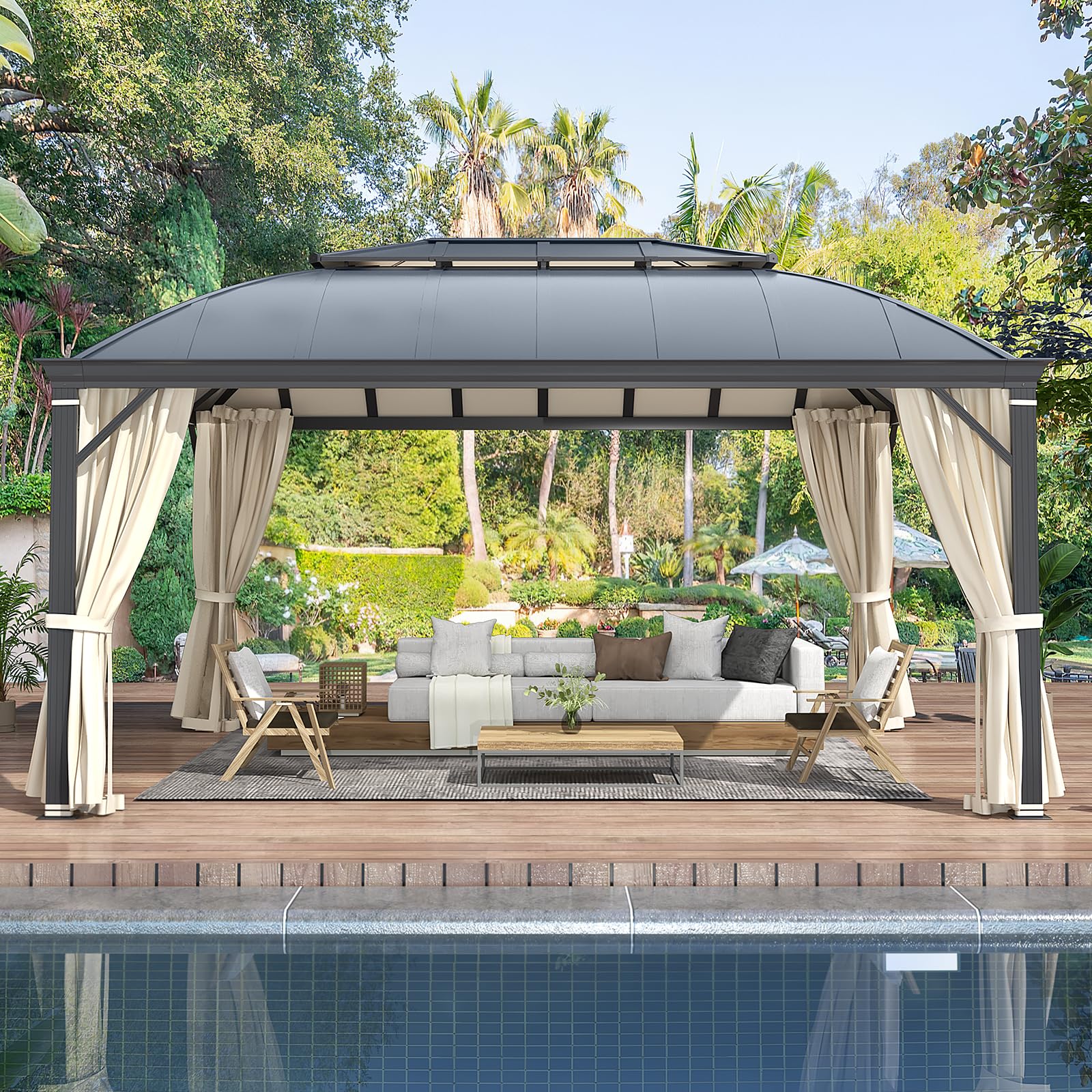 Yoleny 12'X16' Hardtop Gazebo, Permanent Outdoor Aluminum Patio Gazebo With Aluminum Composite Double Arc Roof For Patio Lawn An