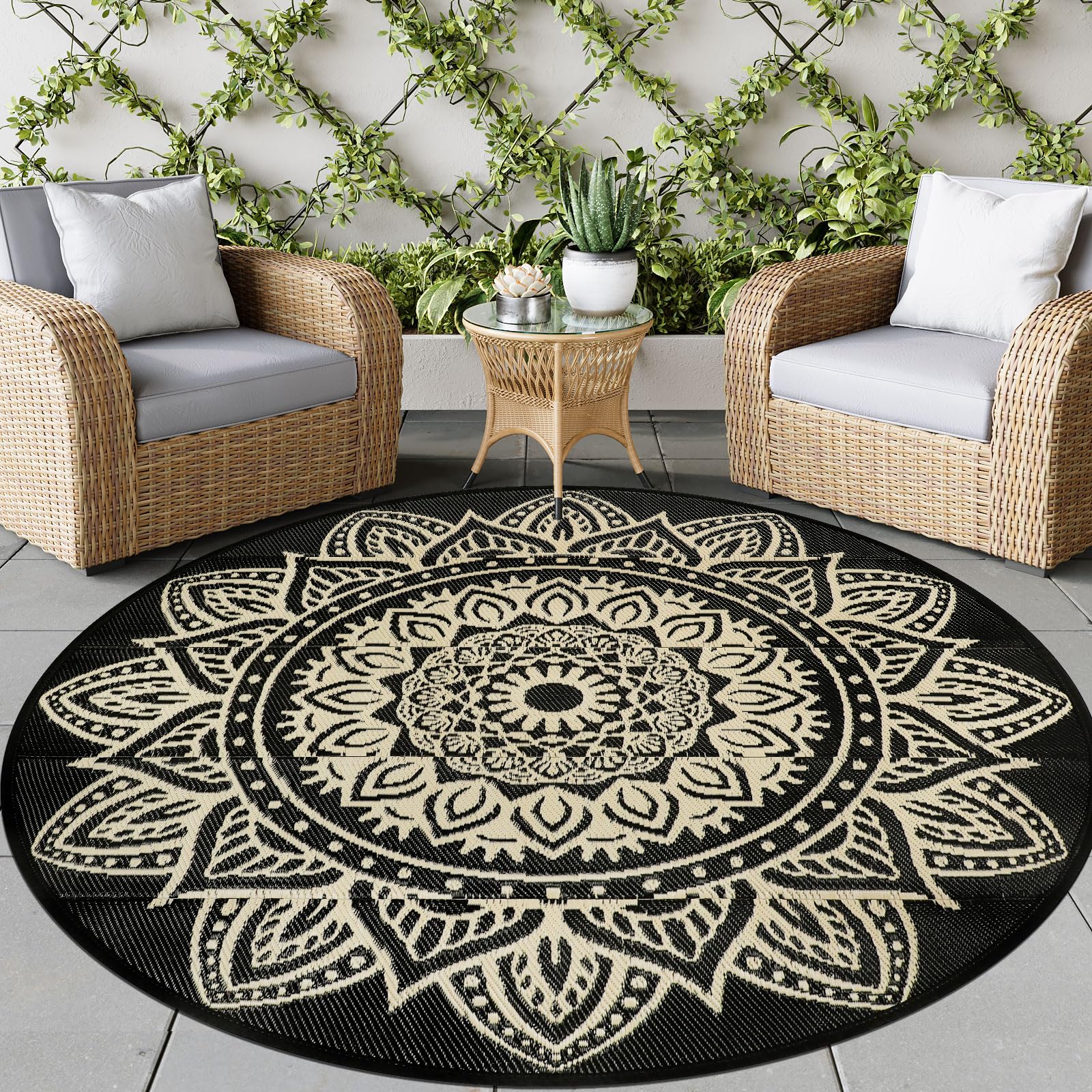 famibay Round Outdoor Rugs for Patios 8ft Boho Plastic Outdoor Rug Waterproof Reversible Circle Outside Rugs Lightweight Portabl