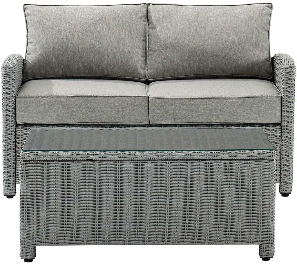Crosley Furniture Bradenton 2-Piece Wicker Outdoor Coffee Table and Loveseat Patio Furniture Set for Porch, Gray with Gray Cushions