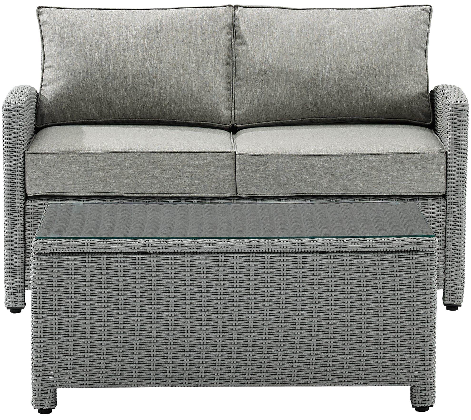 Crosley Furniture Bradenton 2-Piece Wicker Outdoor Coffee Table and Loveseat Patio Furniture Set for Porch, Gray with Gray Cushions