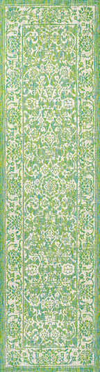 Jonathan Y Smb100F-28 Tela Bohemian Textured Weave Floral Indoor Outdoor Area-Rug, Coastal, Traditional, Transitional Easy-Cleaning,Bedroom,Kitchen,Backyard,Patio,Non Shedding, Cream/Green, 2 X 8