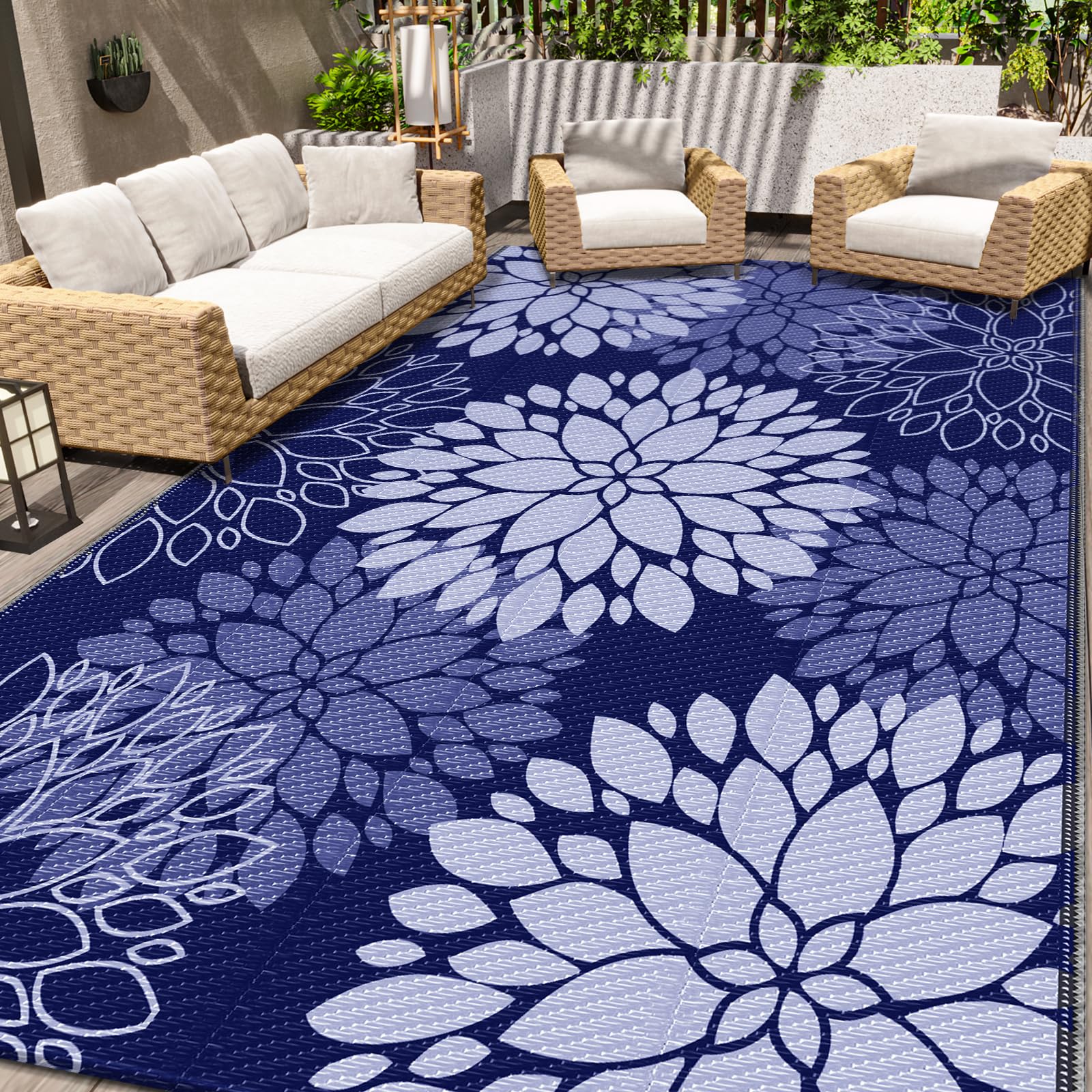 Luxstep Outdoor Rug Waterproof Outdoor Plastic Straw Rug Reversible Patio Rug Mat Outdoor Decor Large Area Mats For Rv, Picnic, Backyard, Deck, Balcony, Porch, Beach, Camping, 6'X 9',Blue