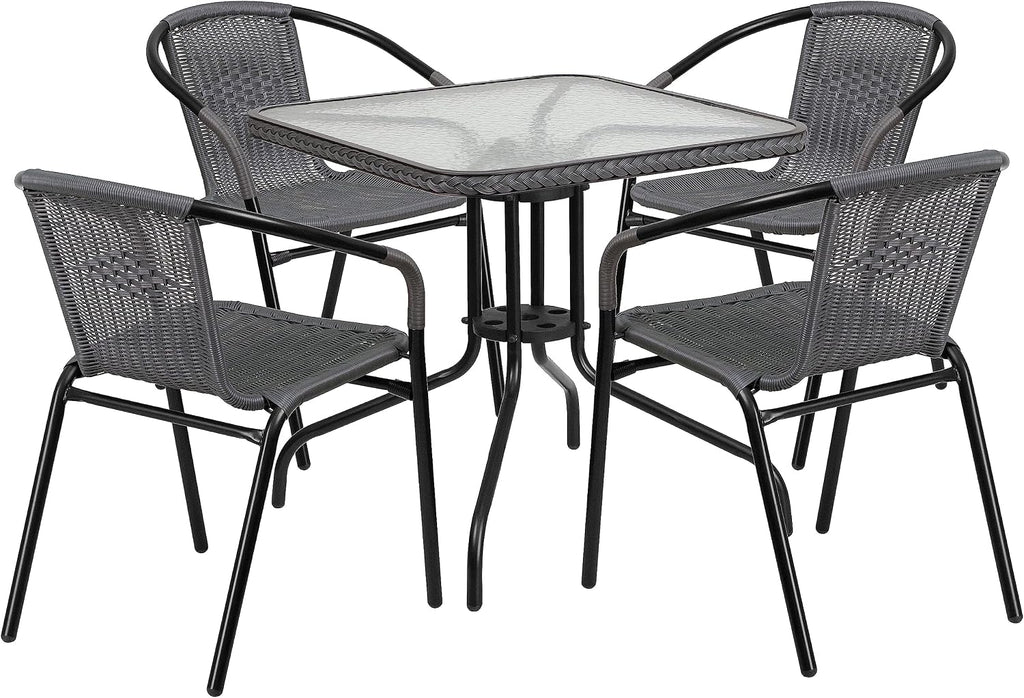 28 Square Glass Metal Table with Gray Rattan Edging and 4 Gray Rattan Stack Chairs
