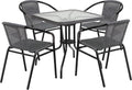 28 Square Glass Metal Table with Gray Rattan Edging and 4 Gray Rattan Stack Chairs