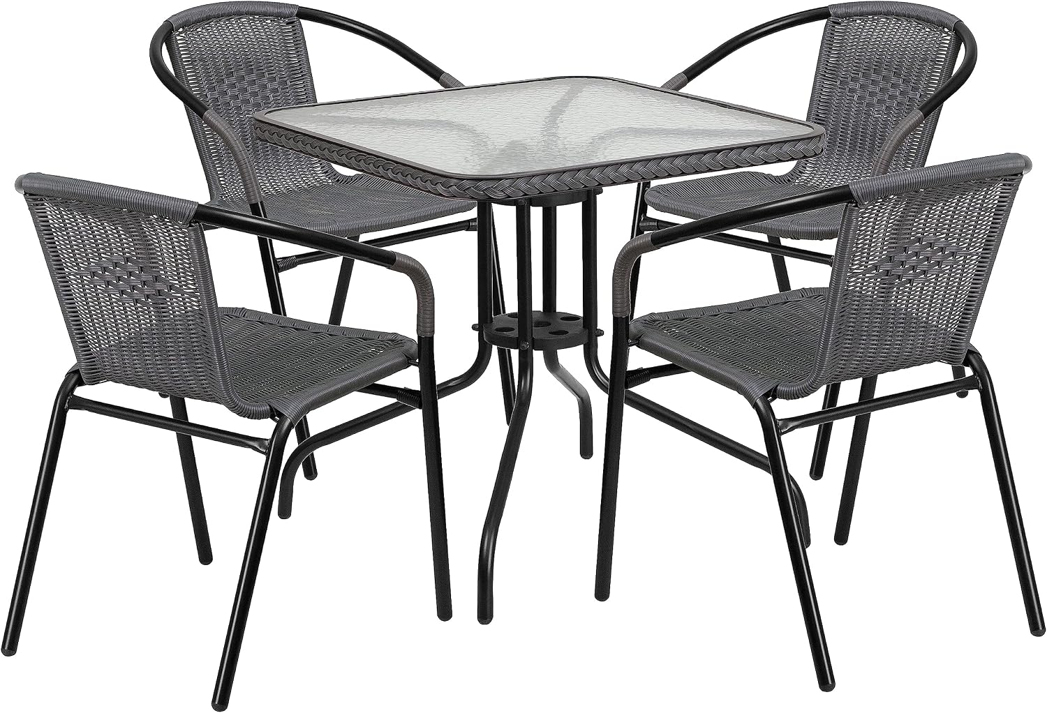 28 Square Glass Metal Table with Gray Rattan Edging and 4 Gray Rattan Stack Chairs