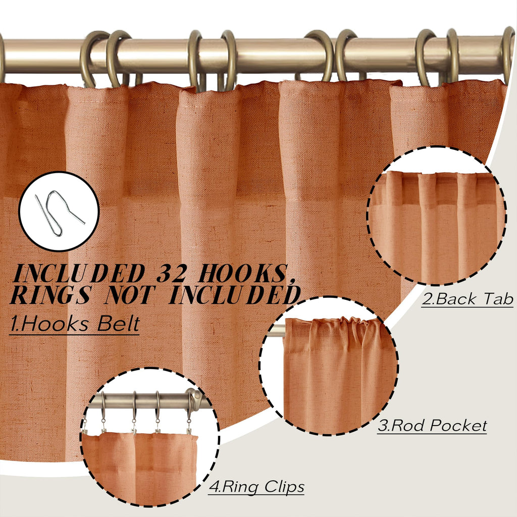 Panelsburg Rust Curtains 96 Inches Long For Bedroom,Terracotta Boho Rustic Farmhouse Semi Sheer Linen Fall Curtains For Living R