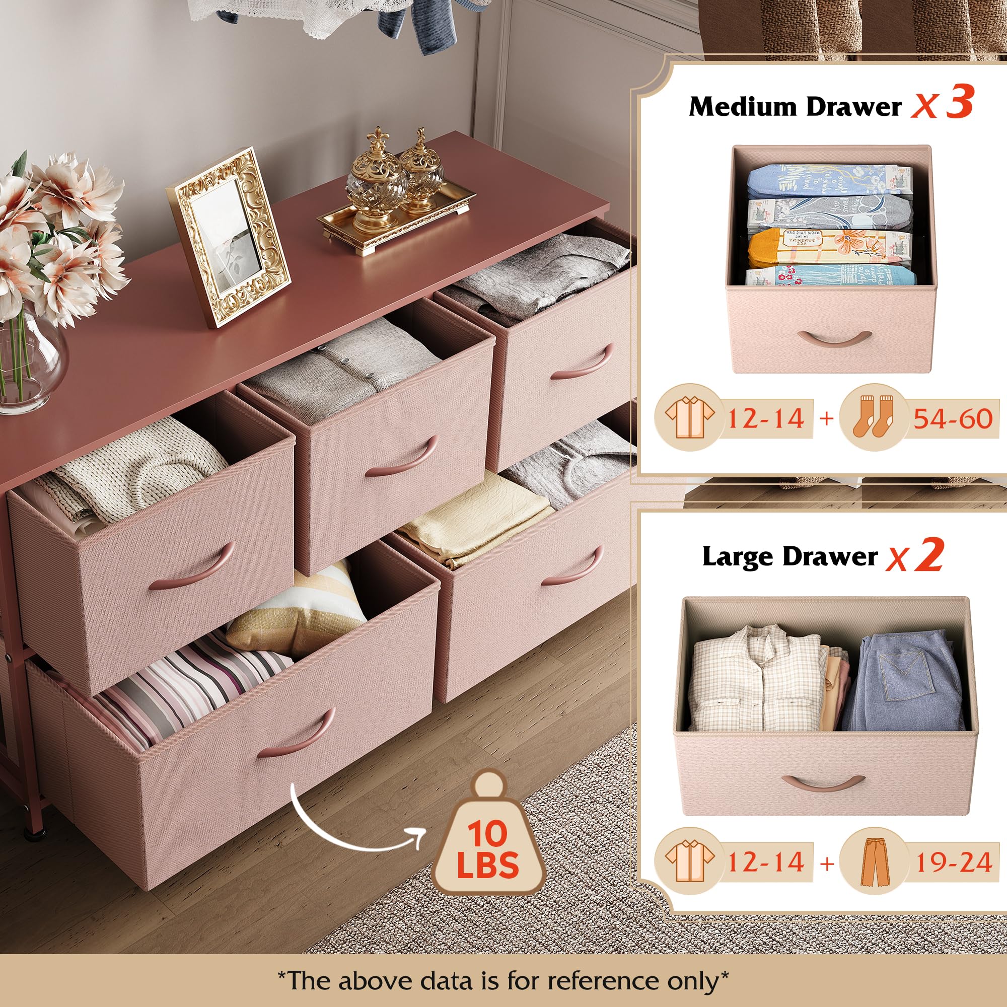 Wlive Dresser For Bedroom With 5 Drawers, Wide Chest Of Drawers, Fabric Dresser, Storage Organization Unit With Fabric Bins For Closet, Living Room, Hallway, Pink And Rose Gold