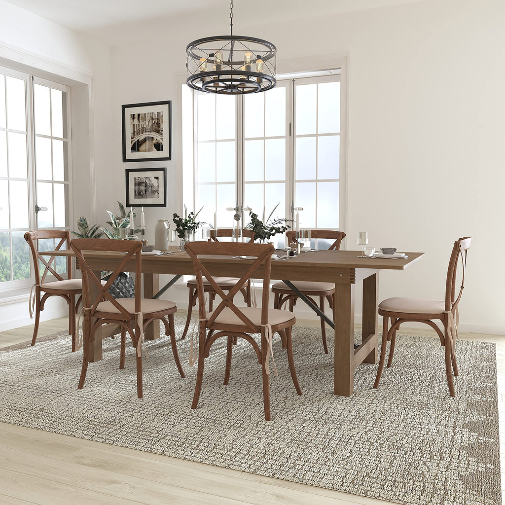Flash Furniture HERCULES Series 8' x 40'' Antique Rustic Folding Farm Table Set with 6 Cross Back Chairs and Cushions
