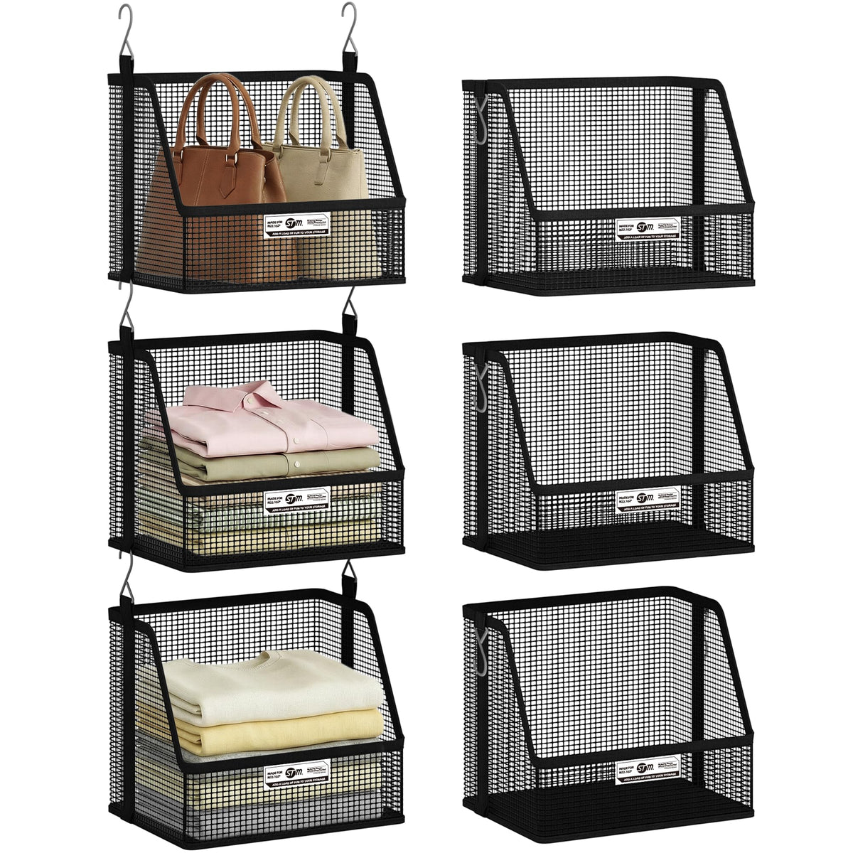 STORAGE MANIAC 3 Tier Hanging Closet Organizer with Mesh Baskets, Clothes Hanging Shelves, Foldable Stackable Storage, SpaceSav