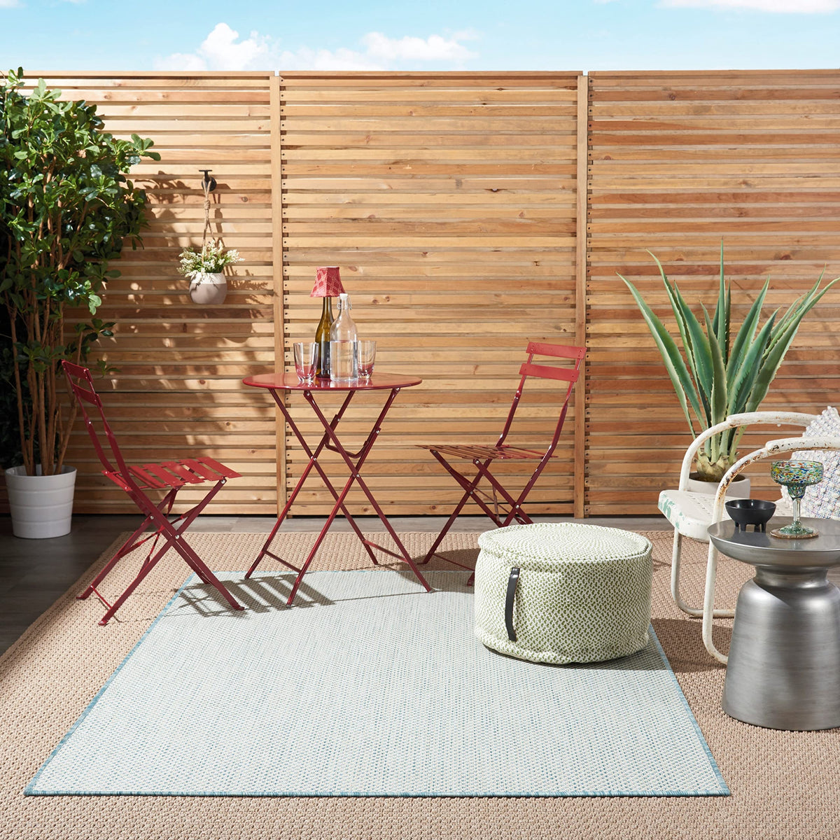 Nourison Courtyard Indoor/Outdoor Area Rug 5' X 7', Ivory Aqua, Rectangular Geometric Easy Cleaning Non Shedding Bed Room Living
