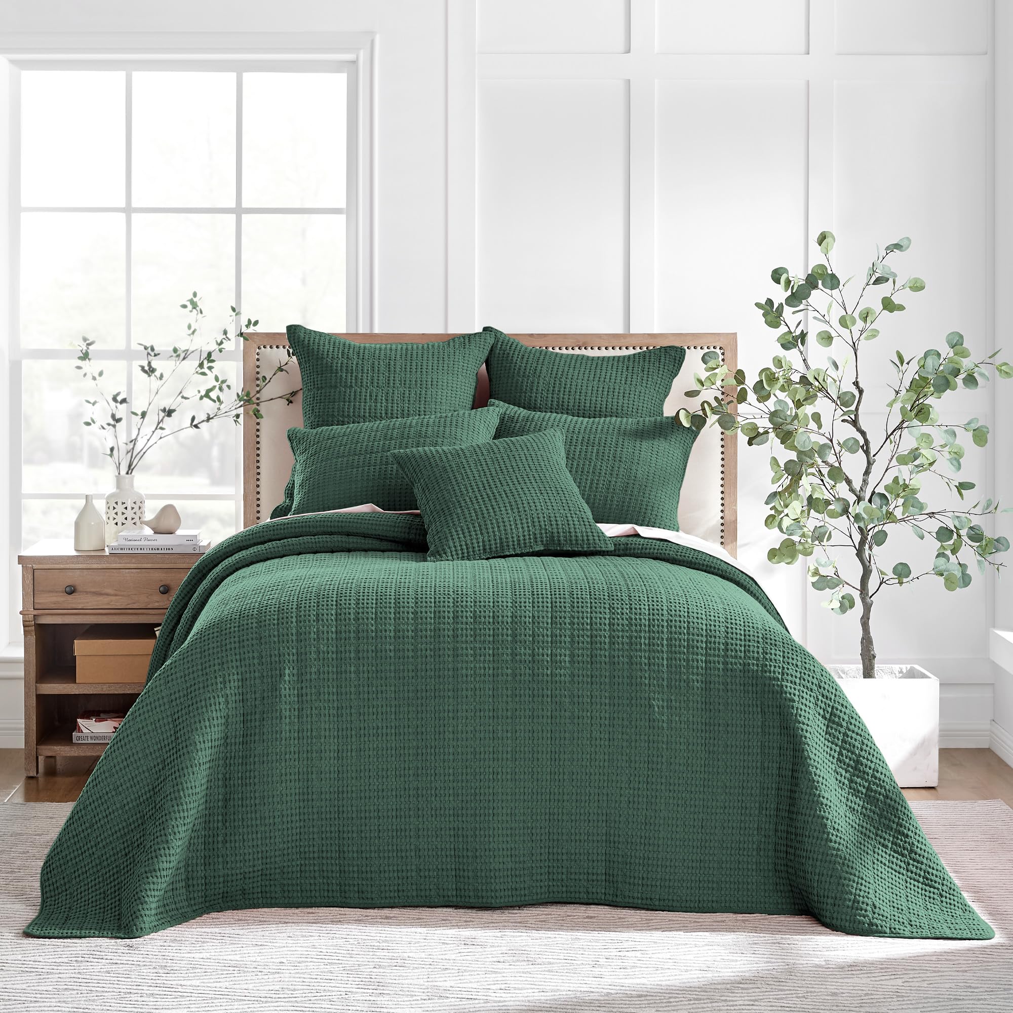 Levtex Home - Mills Waffle - Full Quilted Bedspread Set - Forest Green Cotton Waffle - Bedspread Size (96X110In.), Sham Size (26