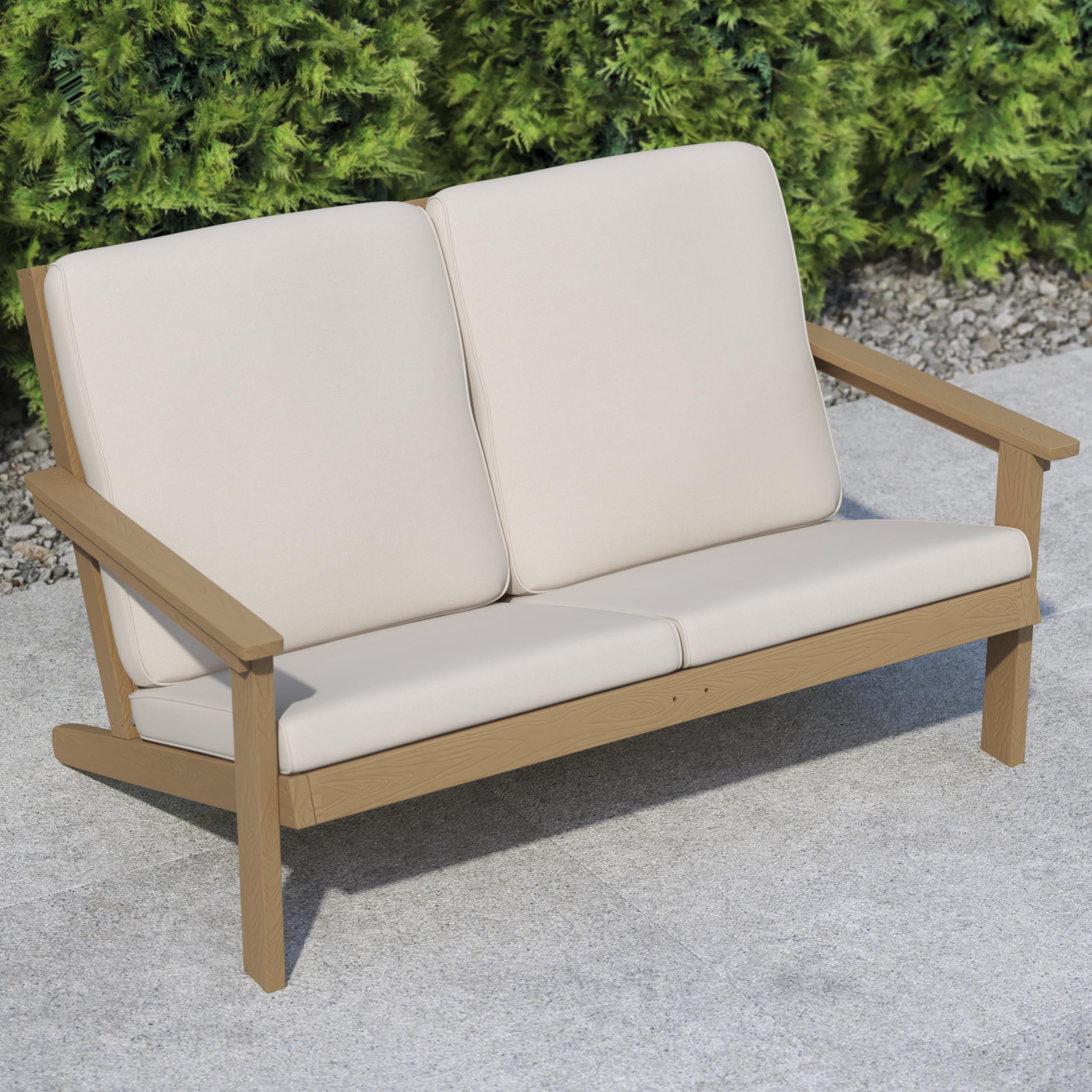 Flash Furniture Charlestown Adirondack Style Deep Seat Patio Loveseat with Cushions - Natural Cedar Poly Resin Frame - Cream All-Weather Cushions - Indoor/Outdoor