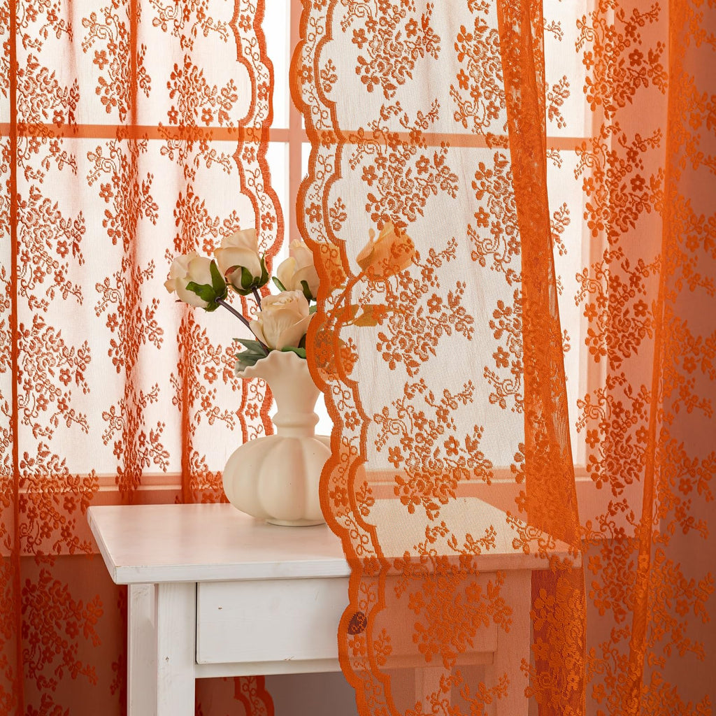 Orange Bohemian Curtains 102 inches Long Rust Retro Lace Fall Curtains for Living Room Rod Pocket Autumn Farmhouse Halloween Dec