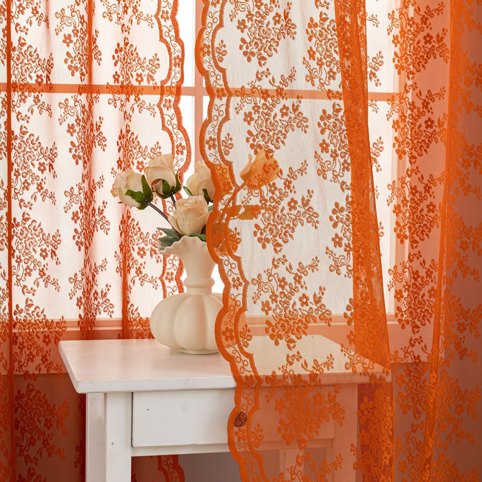 Orange Bohemian Curtains 102 inches Long Rust Retro Lace Fall Curtains for Living Room Rod Pocket Autumn Farmhouse Halloween Dec