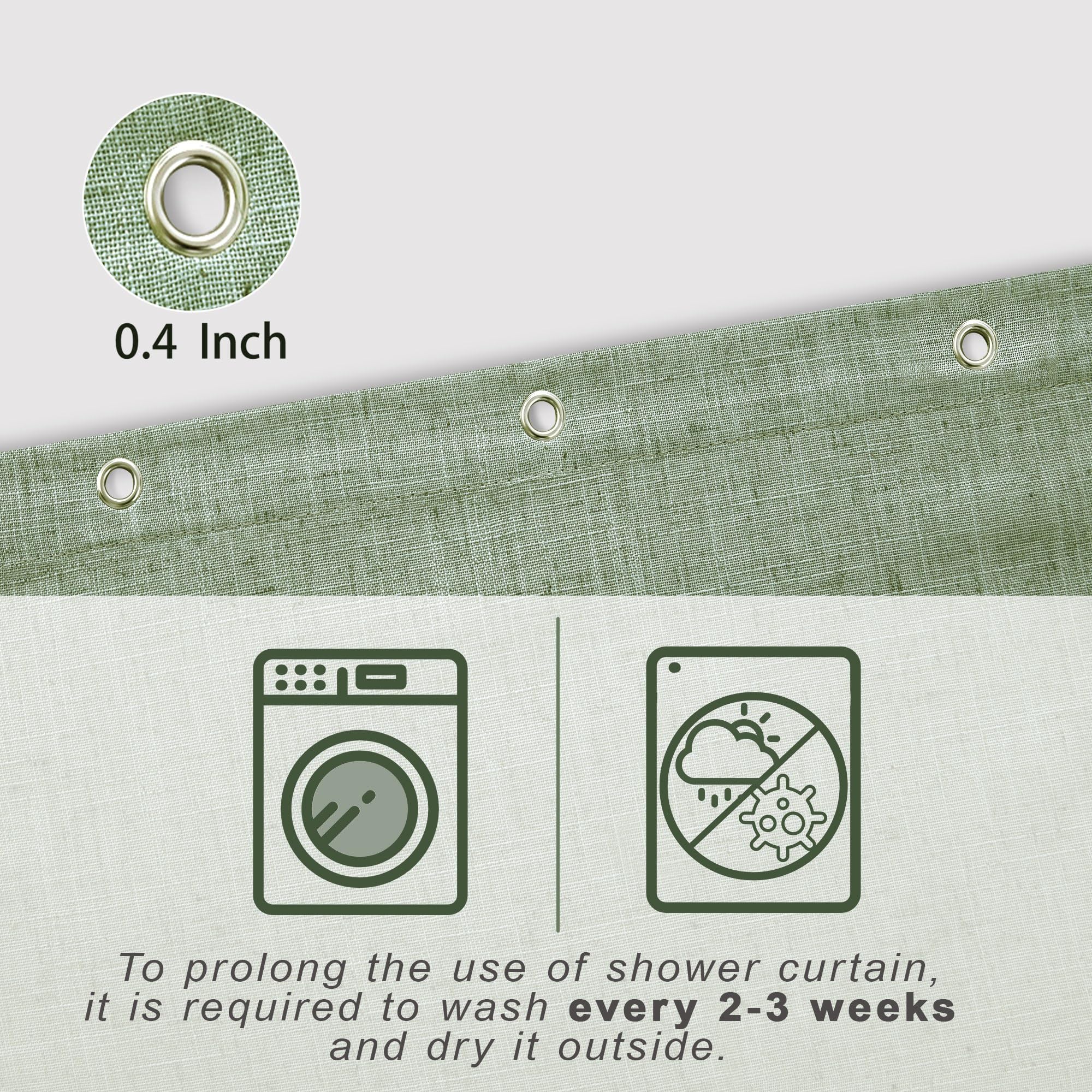 Koufall Sage Green Waterproof Linen Fabric Shower Curtain 72X96 Inch Length