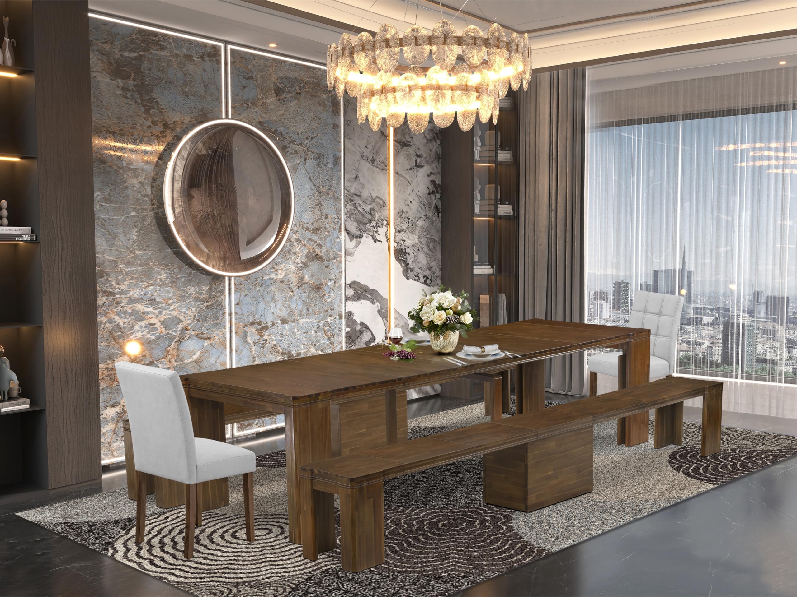 Luxe by East West Furniture - X02AS-208-08 - 5 Pieces Kitchen Table Set includes an Extendable Rectangle Kitchen Table, 2 Dining Chairs and 2 Modern Benches, 39x120 Inch, Antique Walnut