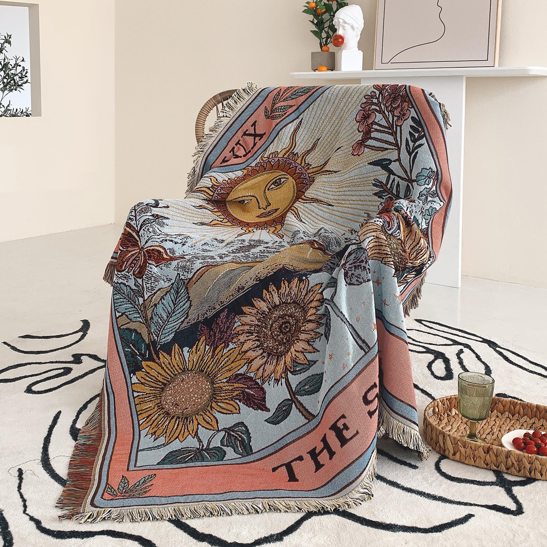 Shesyuki Boho Throw Blanket Reversible Cotton Bohemian Tapestry Hippie Room Decor Double Sided (Boho The Sun 50'X60')