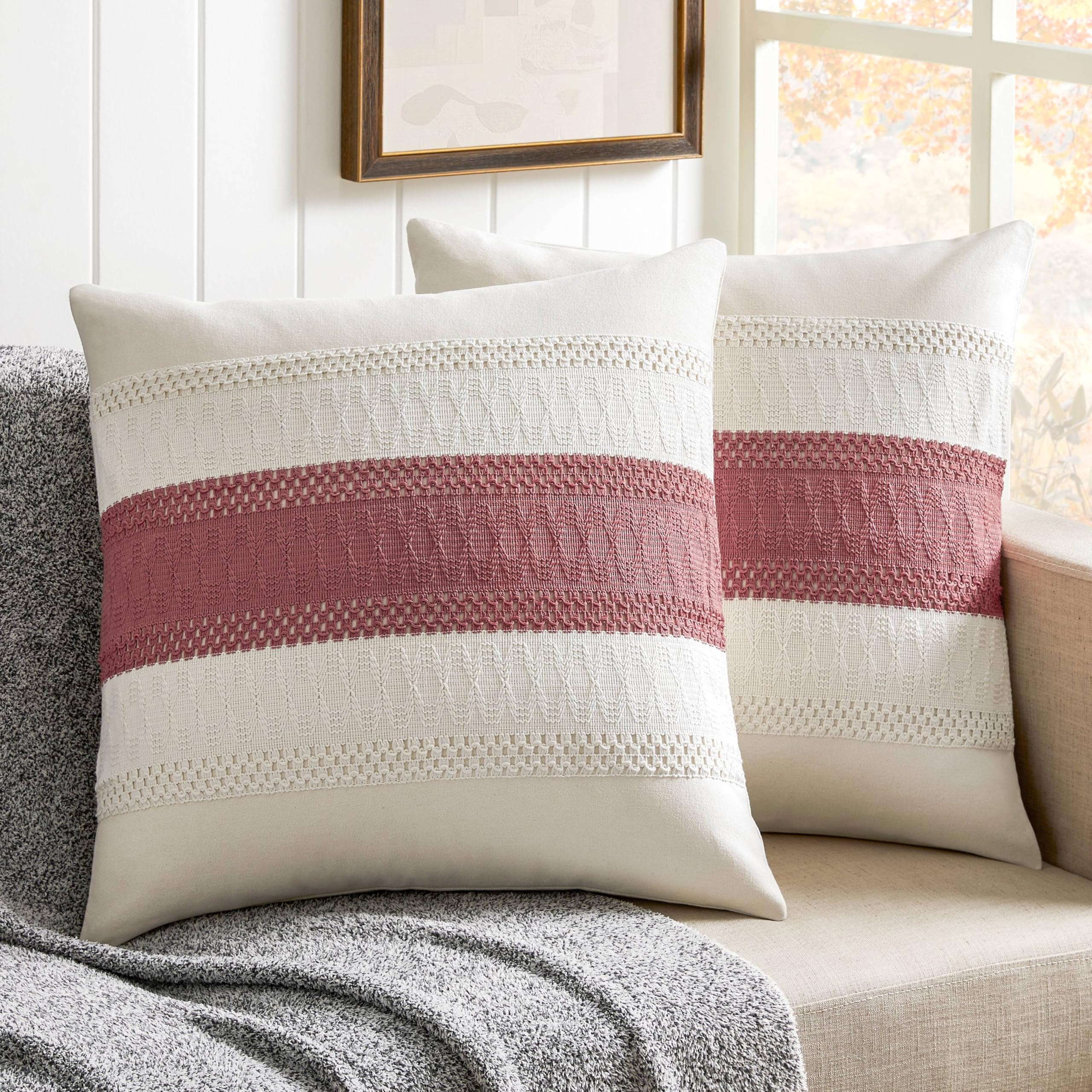 Zeemart 2 Packs Cotton Boho Throw Pillow Covers 22X22 Inch Contrast/Dusty Pink, Soft Farmhouse Decorative Couch Pillow Cases Pink Cushion Covers For Sofa Bed Living Room Home Decor