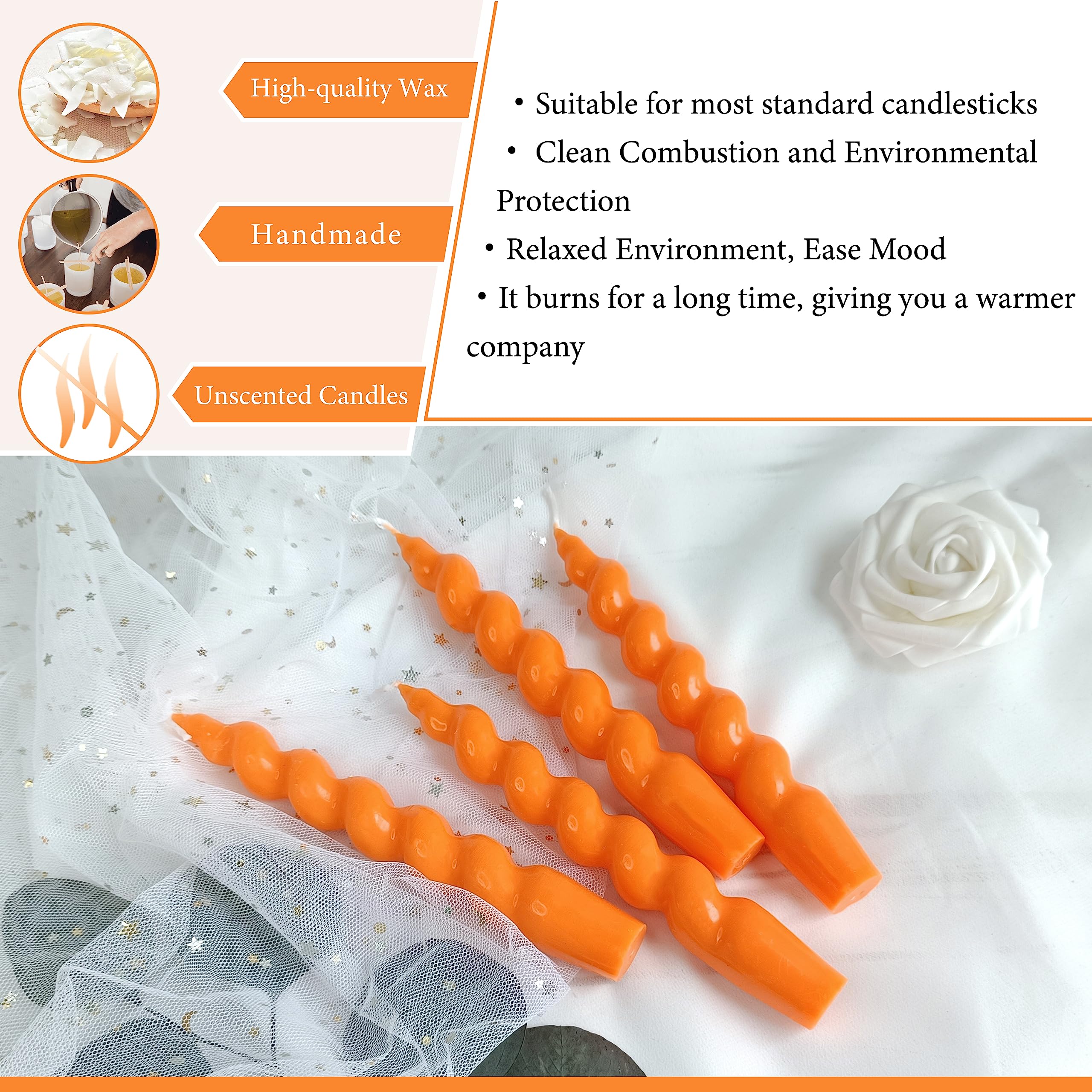 Christmas Taper Candles Orange Spiral Candlesticks- 4 Pcs Twisted Candle Unscented For Halloween Wedding Home Decor, Relaxation