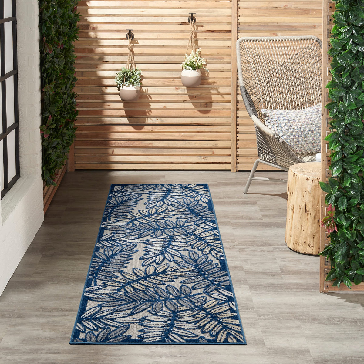 Nourison Aloha Indoor/Outdoor Ivory/Navy 2' X 6' Area Rug, Tropical, Botanical, Easy Cleaning, Non Shedding, Bed Room, Kitchen,