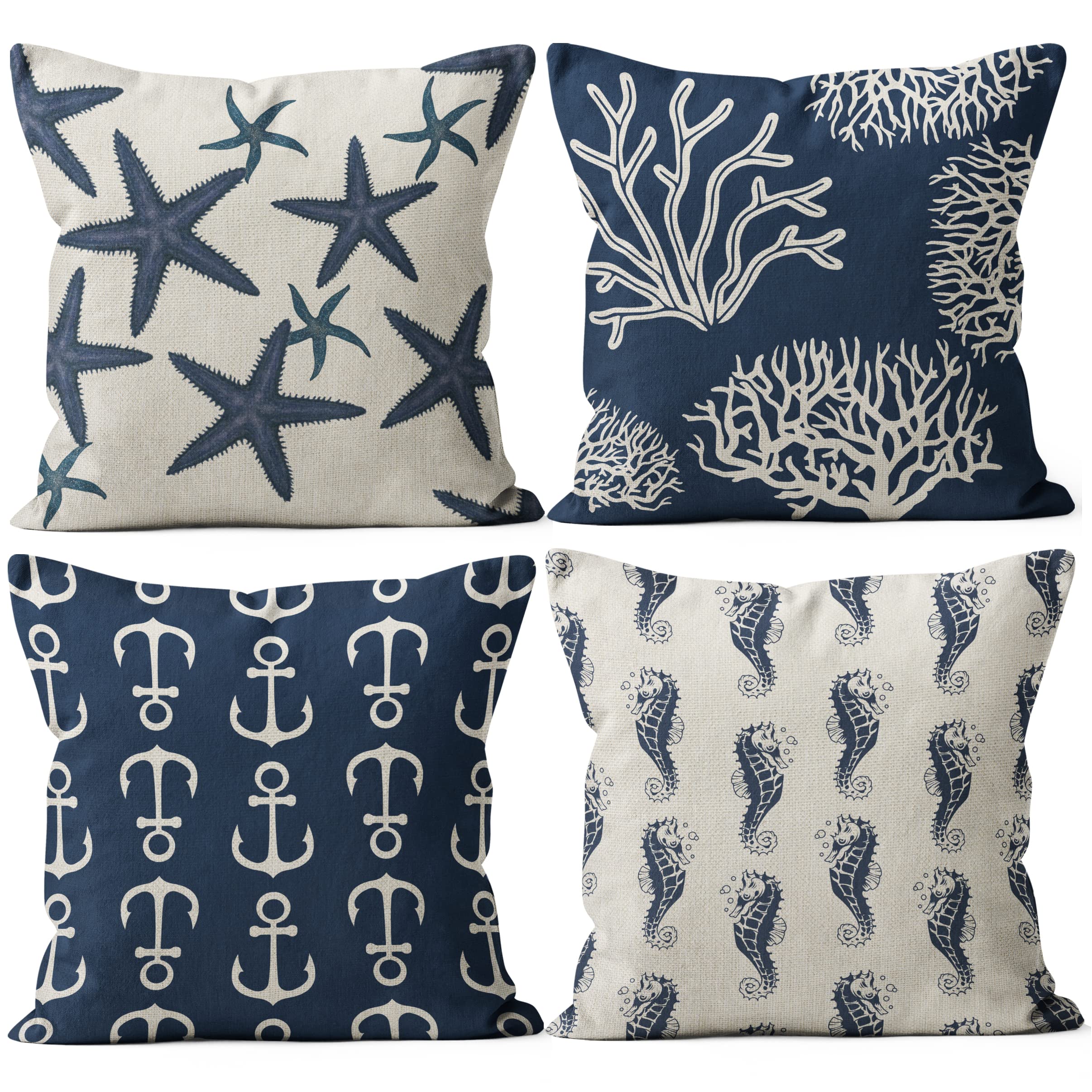 M-Qizi Coastal Pillow Covers Set - Set of 4 Coastal Throw Pillows Cover 18x18, Beachy Pillows Case, Coastal Pillows Decorative T