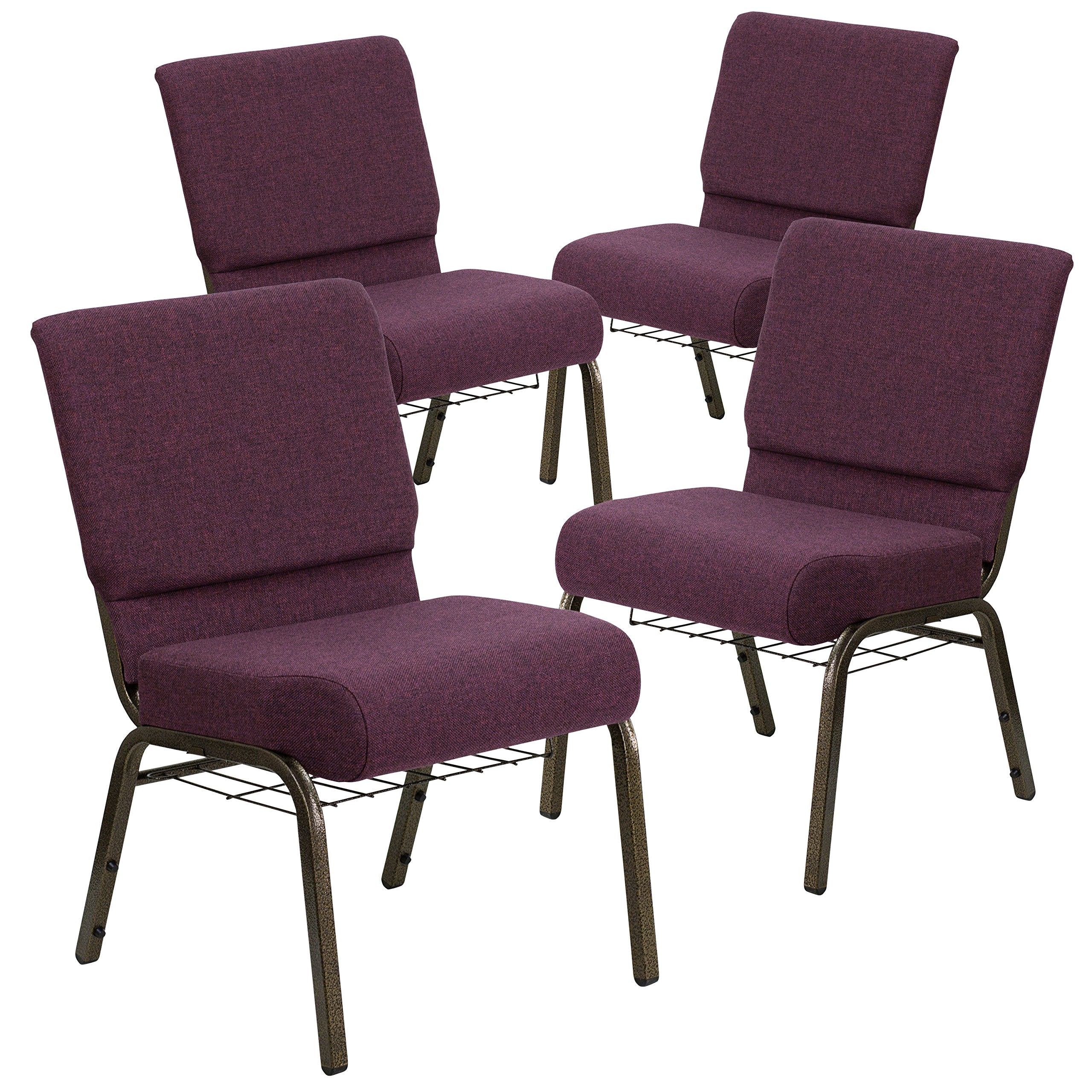 4 Pk. 21 Extra Wide Plum Fabric Church Chair, Cup Book Rack - Gold Vein Frame