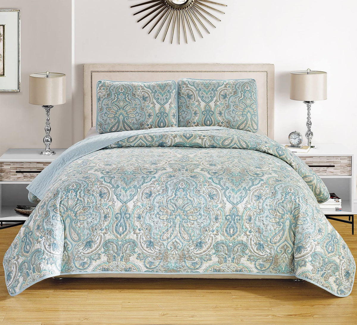 3-Piece Fine Printed Oversize (100' X 95') Quilt Set Reversible Bedspread Coverlet Queen Size Bed Cover (Pale Blue, Grey, Pais