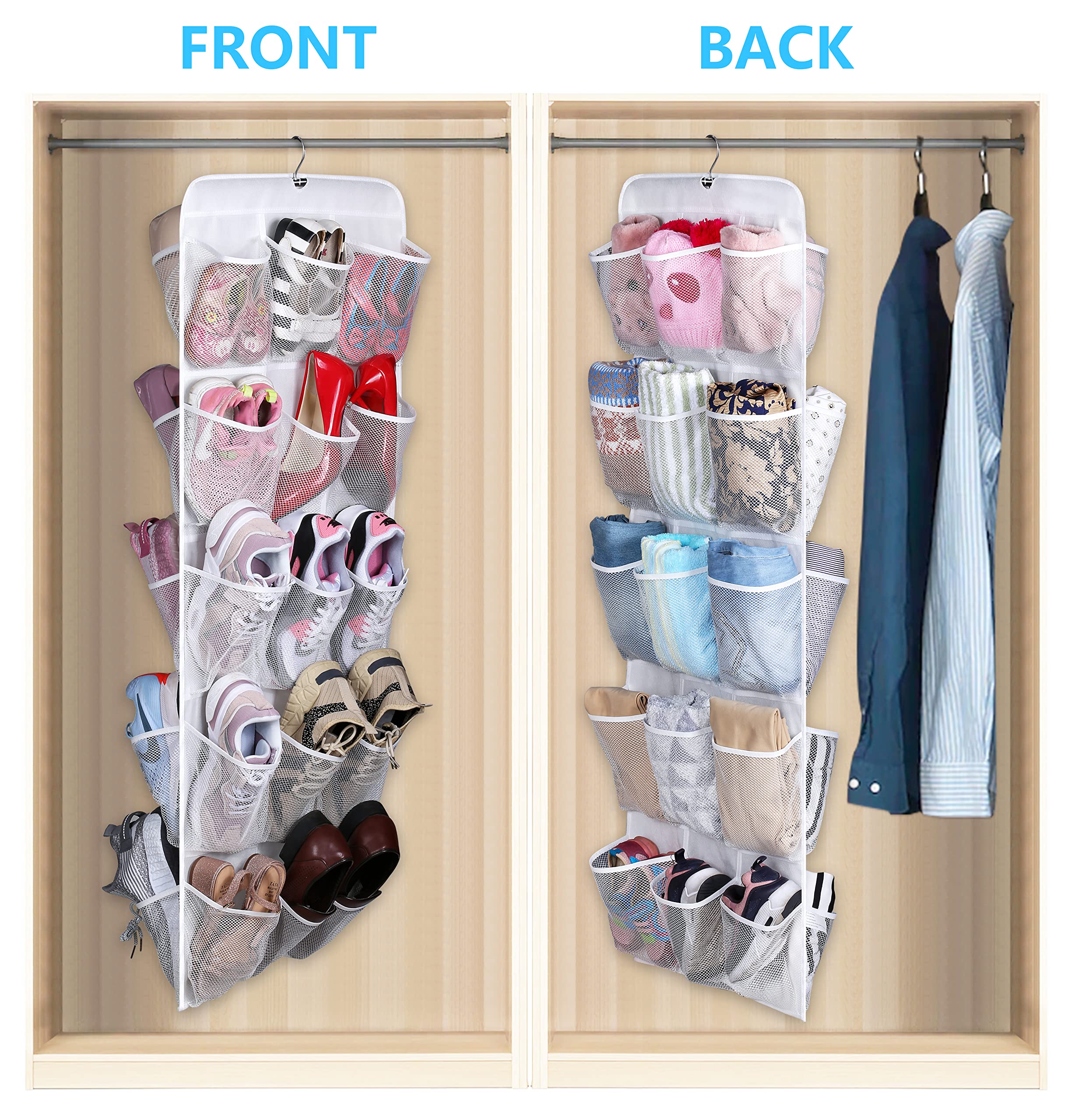 Misslo 30 Pockets Dual Sided Hanging Baby Shoe Organizer For Closet With Rotating Hanger Hanging Shoe Shelves, White