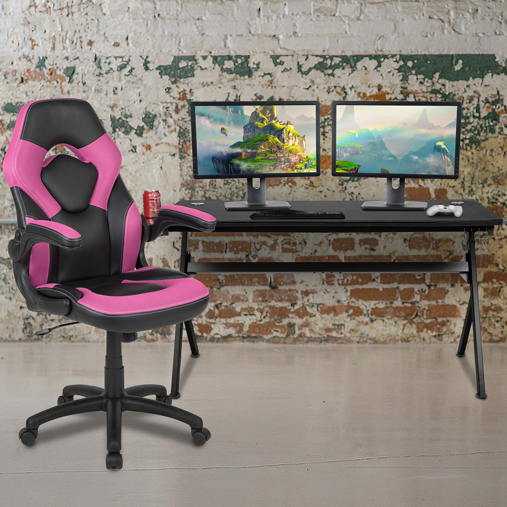 Flash Furniture Gaming Desk and Pink/Black Racing Chair Set/Cup Holder/Headphone Hook/Removable Mouse Pad Top - 2 Wire Management Holes