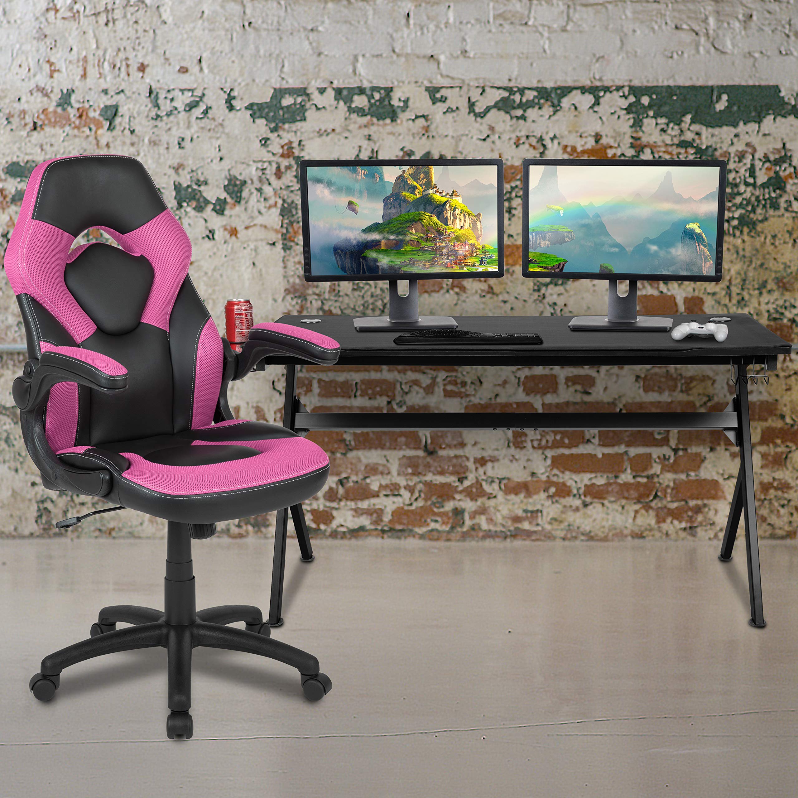 Flash Furniture Gaming Desk and Pink/Black Racing Chair Set/Cup Holder/Headphone Hook/Removable Mouse Pad Top - 2 Wire Management Holes