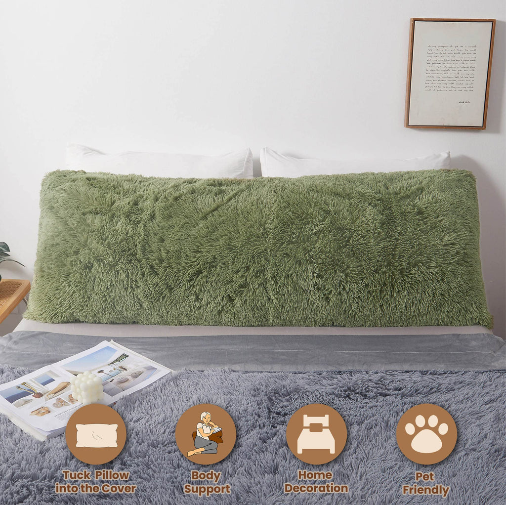 Mego Fluffy Body Pillow Cover, 20X54 Shaggy Faux Fur Body Pillow Case, Green Comfy Plush Fuzzy Body Pillowcase, Furry Long Throw
