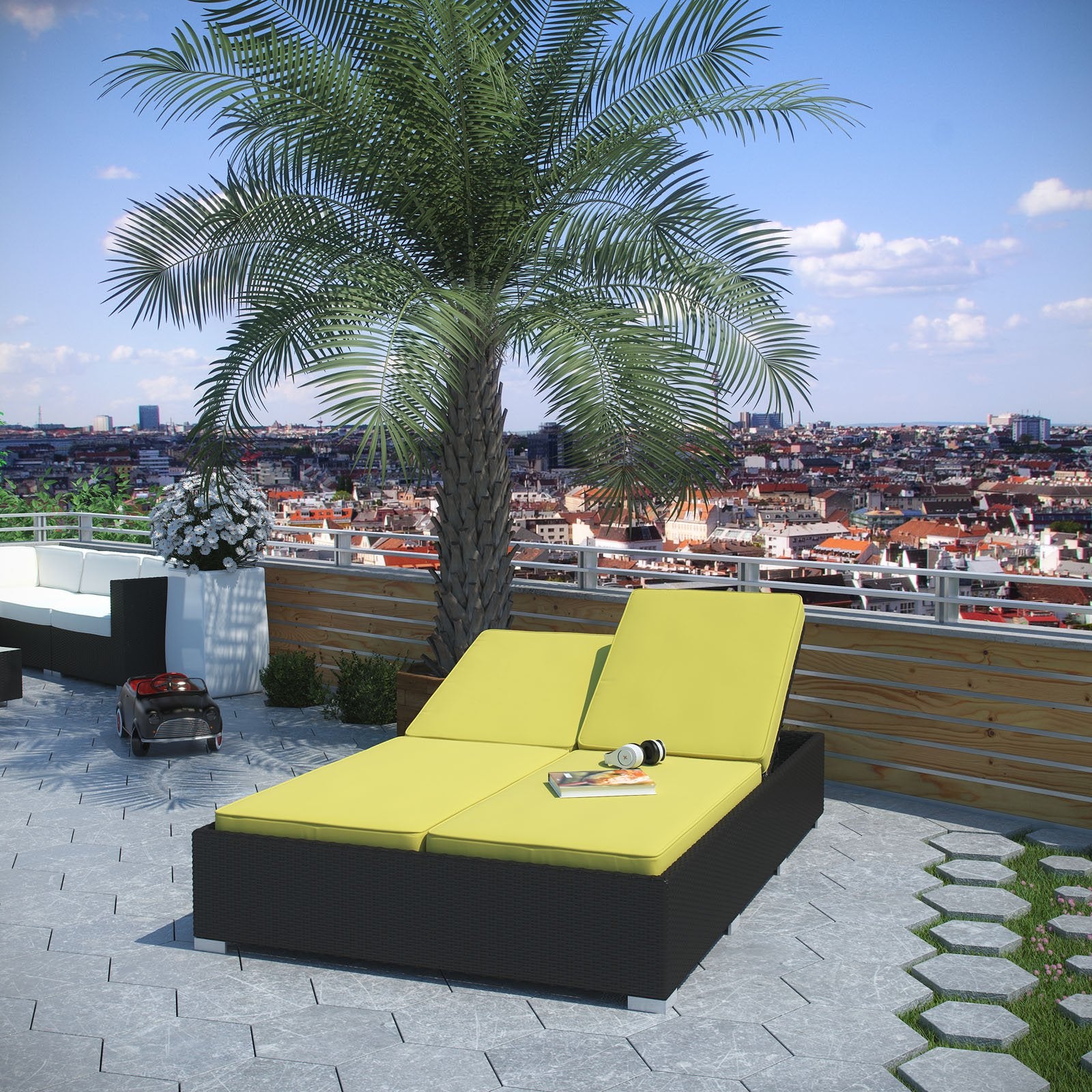 Modway Evince Two-Seater Outdoor Wicker Patio Chaise Recliner In Espresso With Peridot Cushions