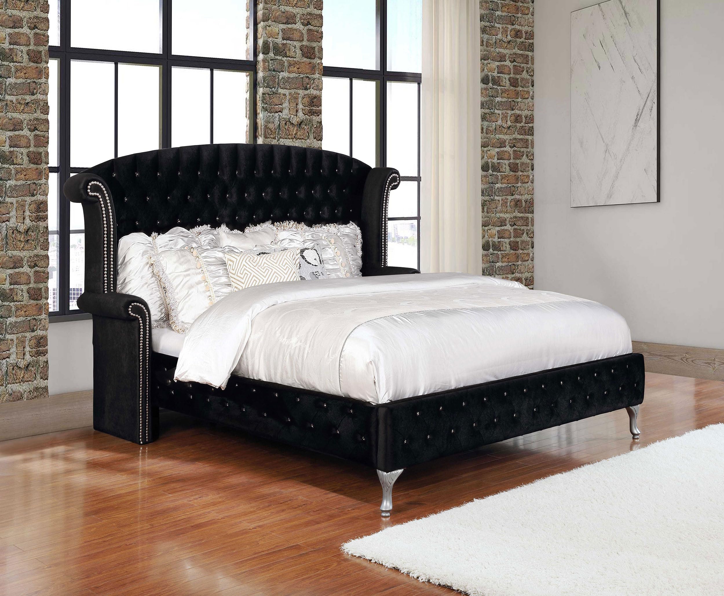 Coaster Home Furnishings Deanna Modern Classic Velvet Upholstered Eastern King Size Wingback Bed Frame Platform Bed 66-inch Headboard Black 206101KE