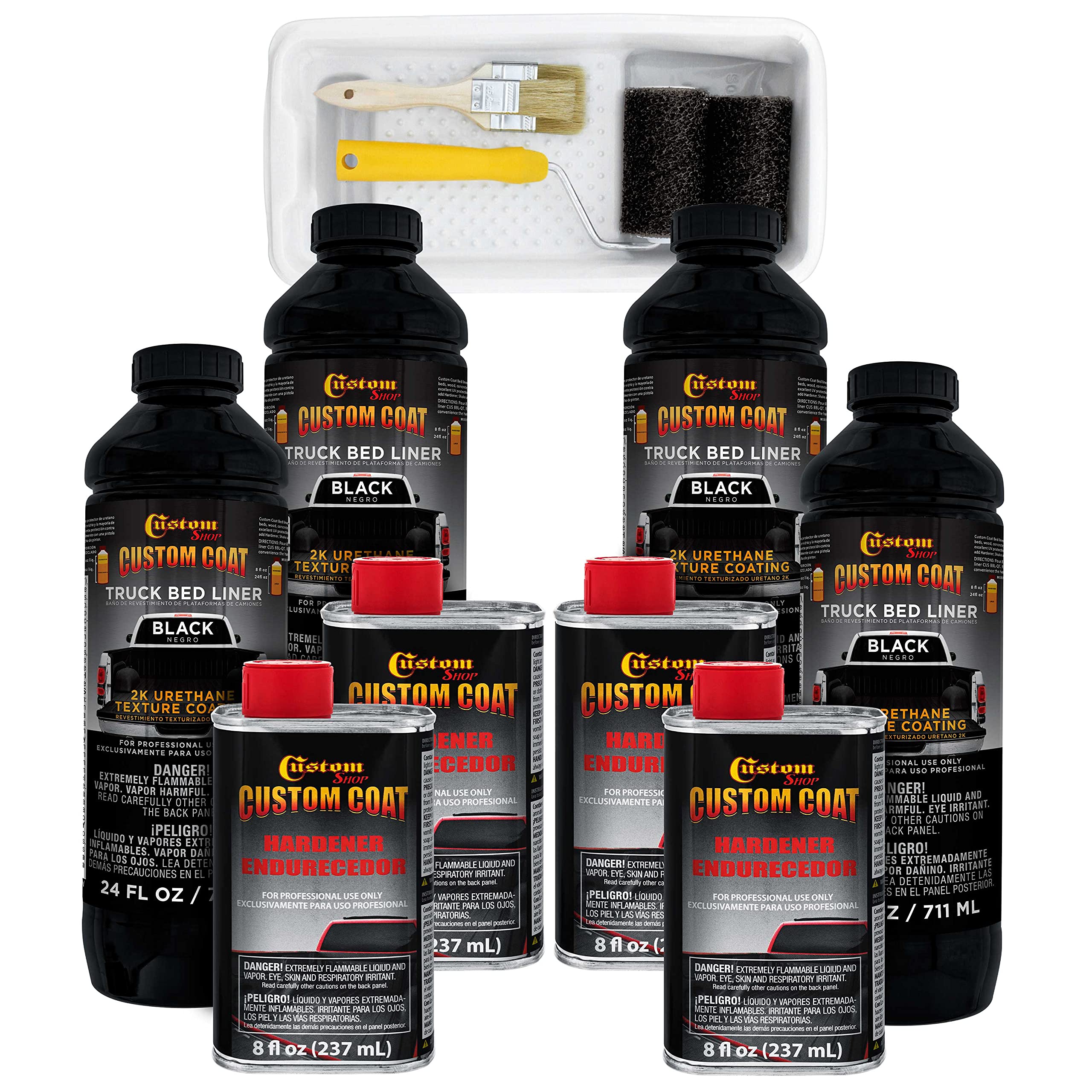 Custom Coat Black 1 Gallon Urethane Roll-On, Brush-On Or Spray-On Truck Bed Liner Kit With Roller And Brush Applicator Kit - 3 T