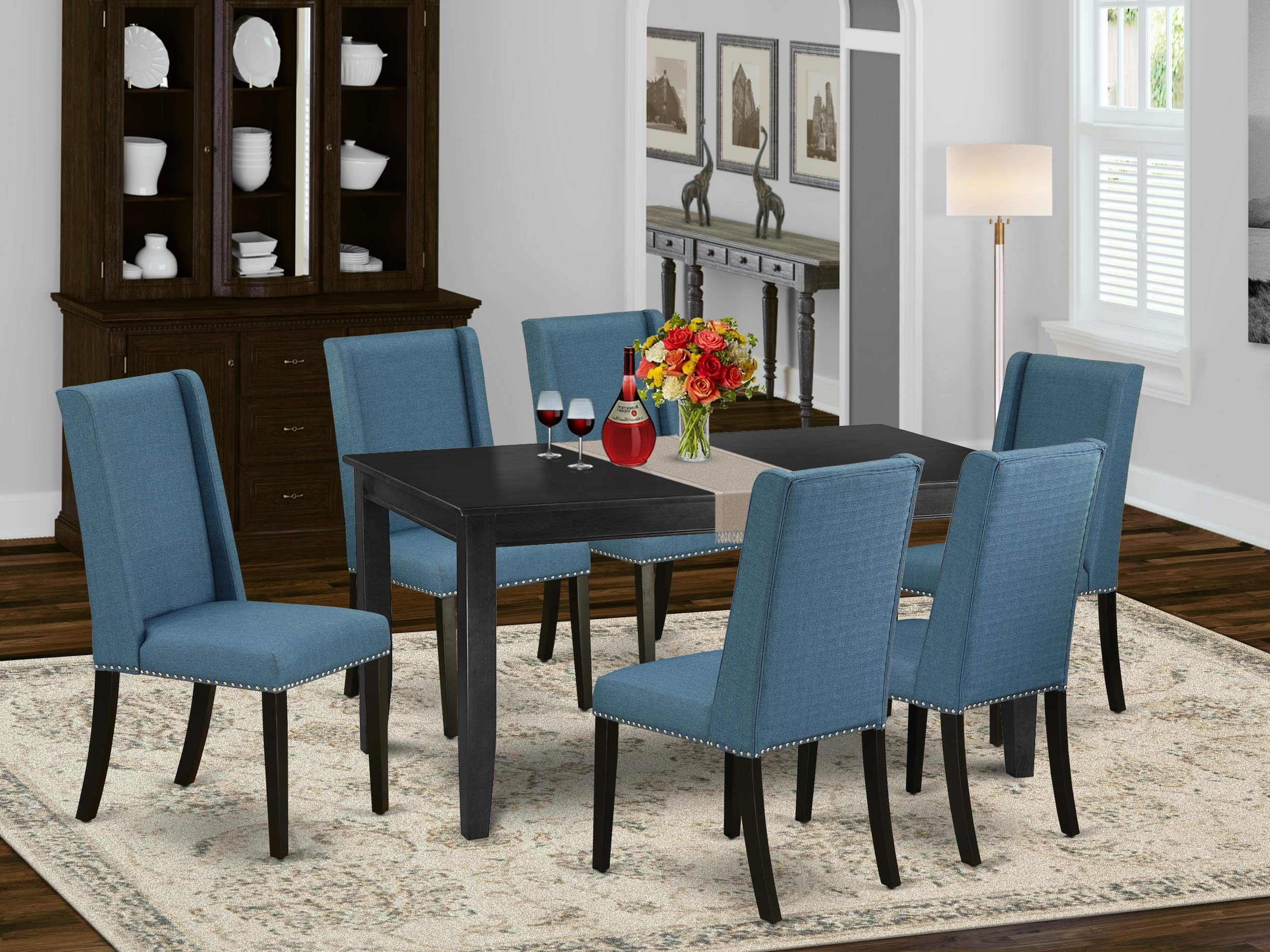 East West Furniture Dufl7-Blk-21 Dudley 7 Piece Kitchen Set Consist Of A Rectangle Table And 6 Blue Linen Fabric Parsons Dining Chairs, 36X60 Inch, Black