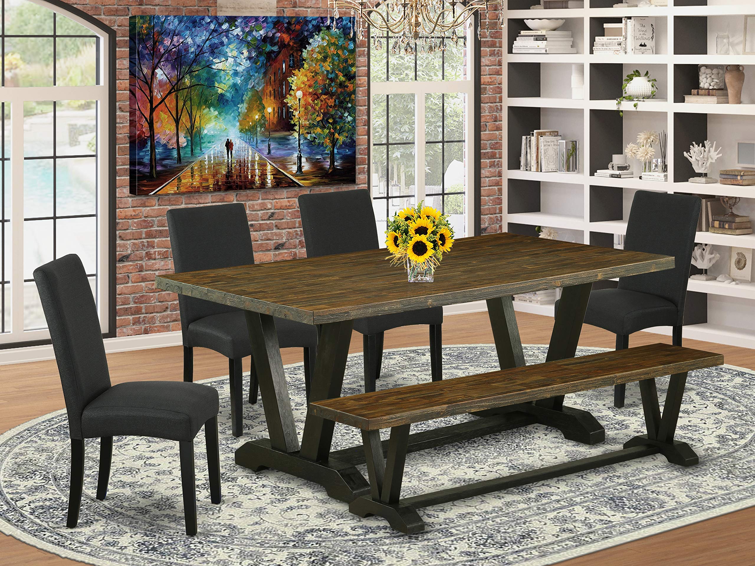 East West Furniture V-Style 6 Piece Dining Set Contains A Rectangle Wooden Table With V-Legs And 4 Black Color Linen Fabric Parson Chairs With A Bench, 40X72 Inch, V677Dr124-6