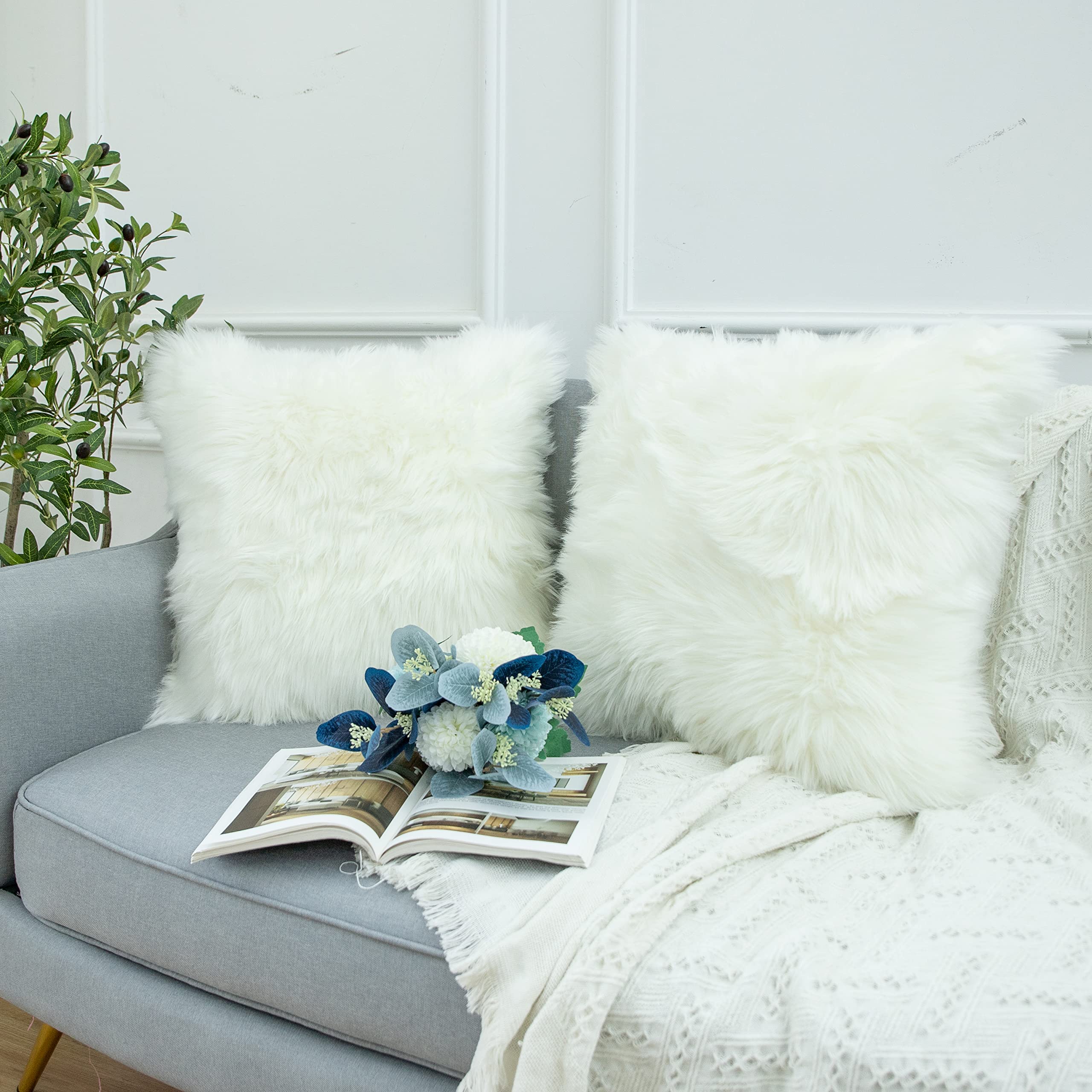 Ligicky Set Of 2 Decorative White Fluffy Throw Pillow Cover Faux Fur Shams Pillow Case Luxury Series Square Soft Plush Cushion C