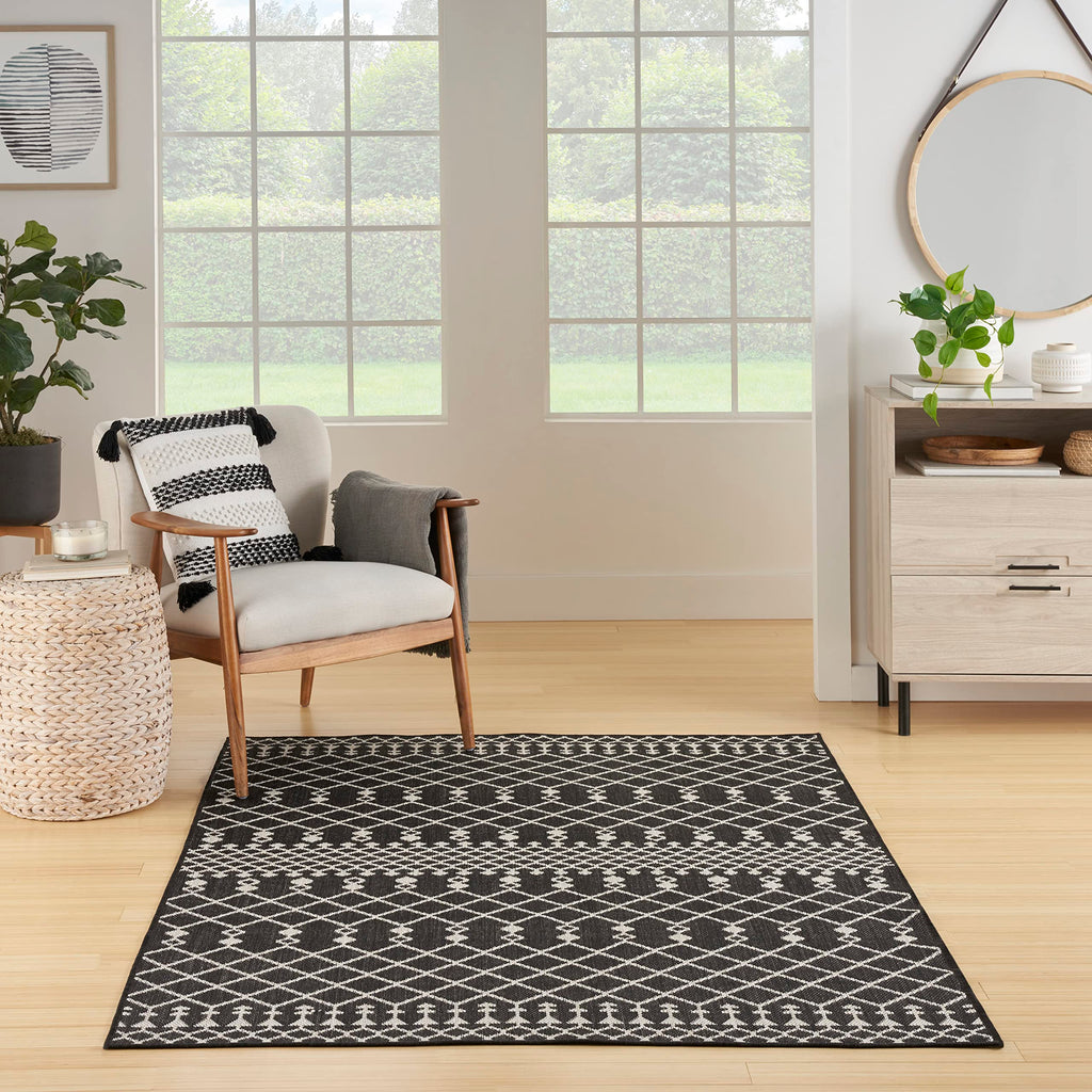 Nourison Positano Indoor/Outdoor Black 6' X 9' Area Rug, Easy Cleaning, Non Shedding, Bed Room, Living Room, Dining Room, Deck, Backyard, Patio (6X9)