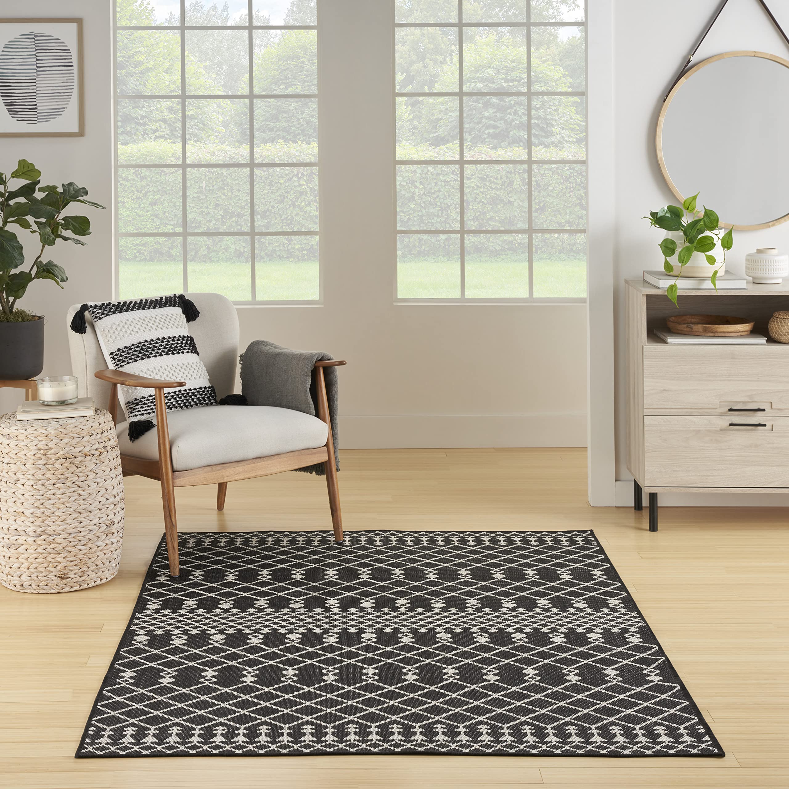 Nourison Positano Indoor/Outdoor Black 6' X 9' Area Rug, Easy Cleaning, Non Shedding, Bed Room, Living Room, Dining Room, Deck, Backyard, Patio (6X9)