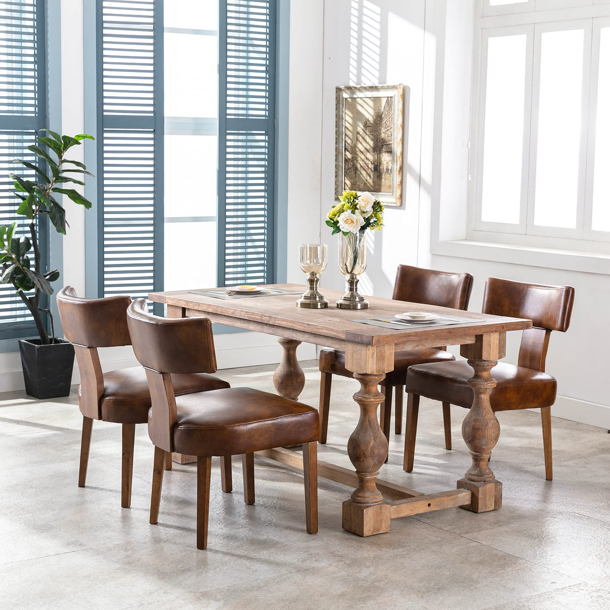 Rivova Set Of 4 Pu Leather Upholstered Side Chairs, Modern Kitchen Armless Parson Chairs Solid Wood Dining Chairs, Brown