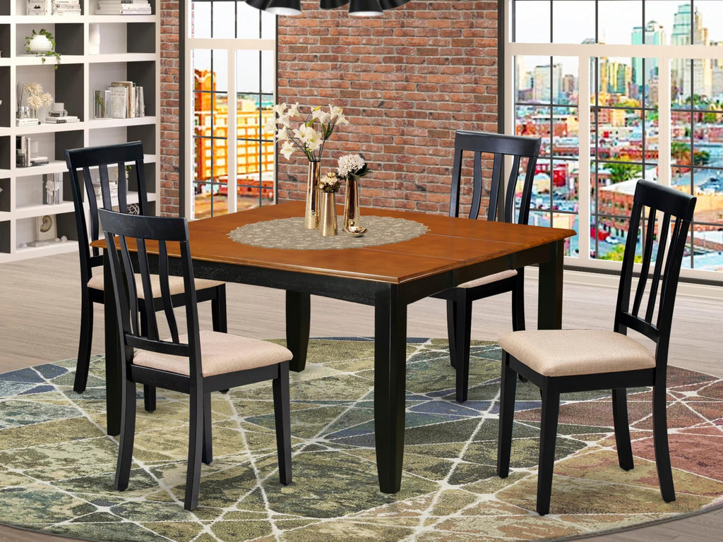 East West Furniture PFAN5-BCH-C 5 Piece Kitchen Table Set for 4 Includes a Square Dining Room Table with Butterfly Leaf and 4 Linen Fabric Upholstered Chairs, 54x54 Inch, Black & Cherry