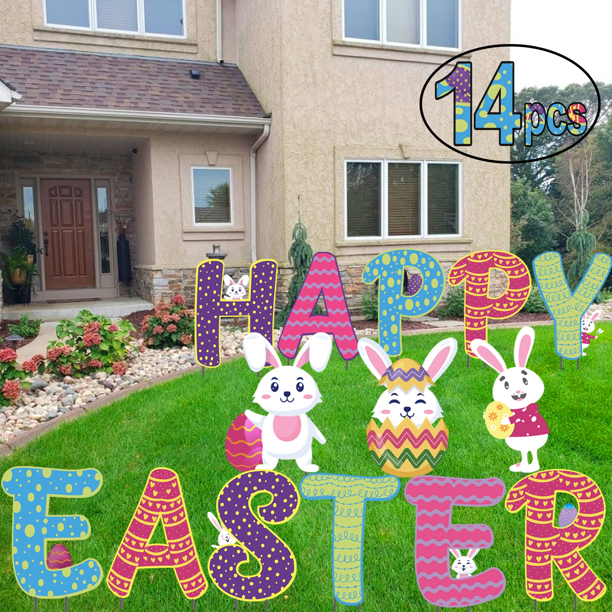 Easter Yard Sign | (14 Pcs) Large 17' Tall, Happy Easter Outdoor Decorations | Easter Lawn D