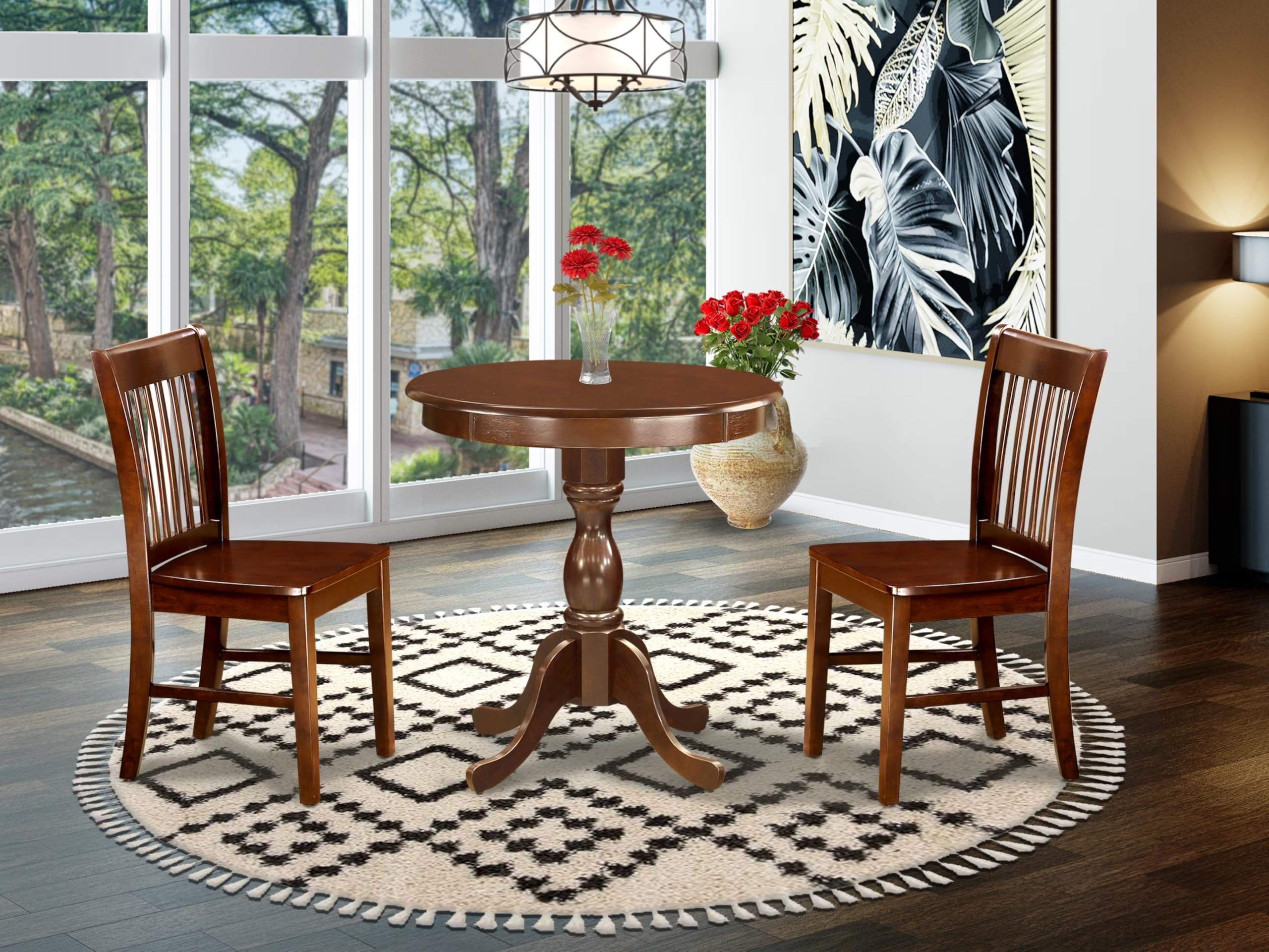 East West Furniture Esnf3-Mah-W 3 Piece Kitchen Table Set For Small Spaces Contains A Round Dining Room Table With Pedestal And 2 Dining Chairs, 30X30 Inch, Mahogany