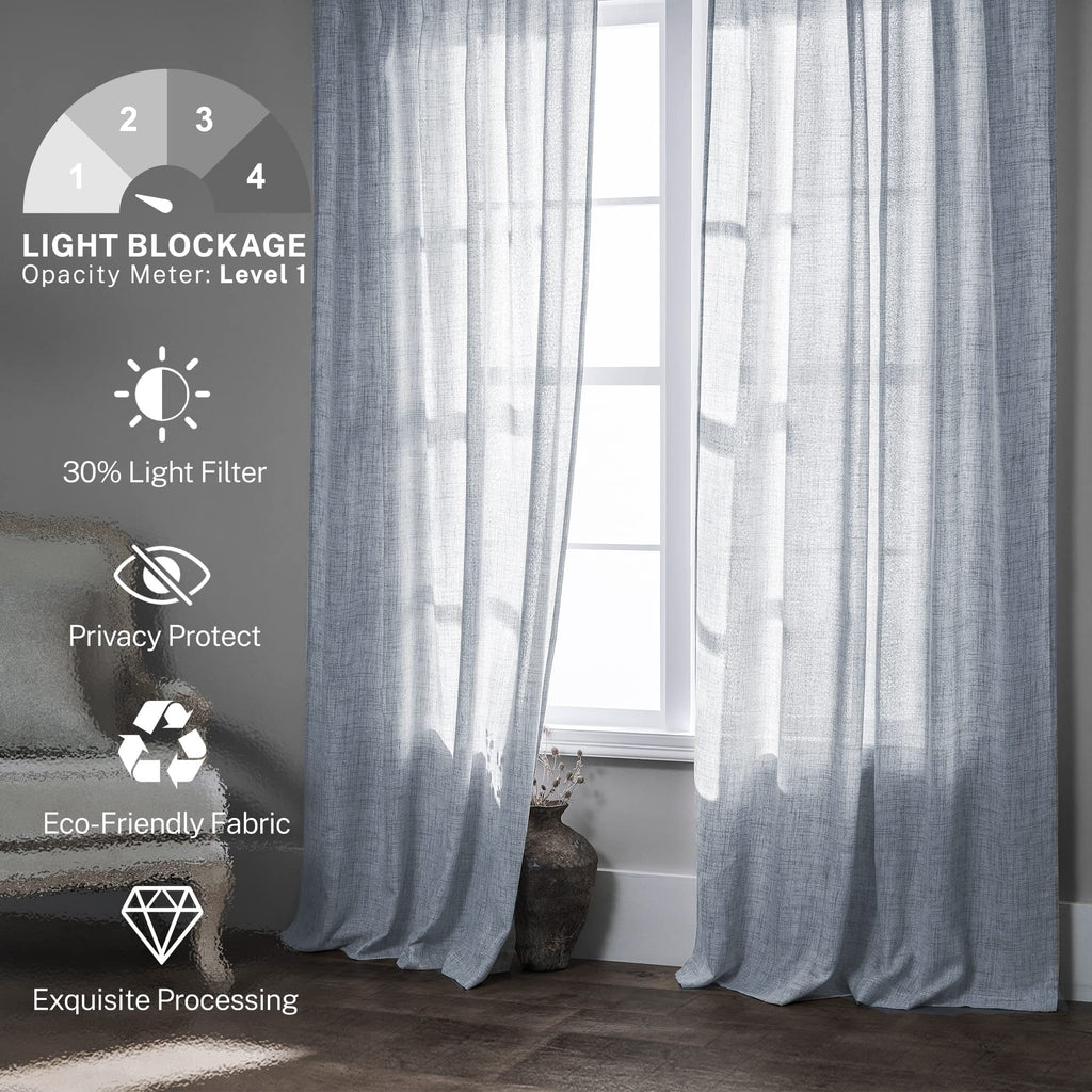 Blue Linen Curtains 108 Inches Long For Living Room 2 Panels Set Back Tab Pocket Farmhouse Boho Light Filtering Semi Sheer Dusty