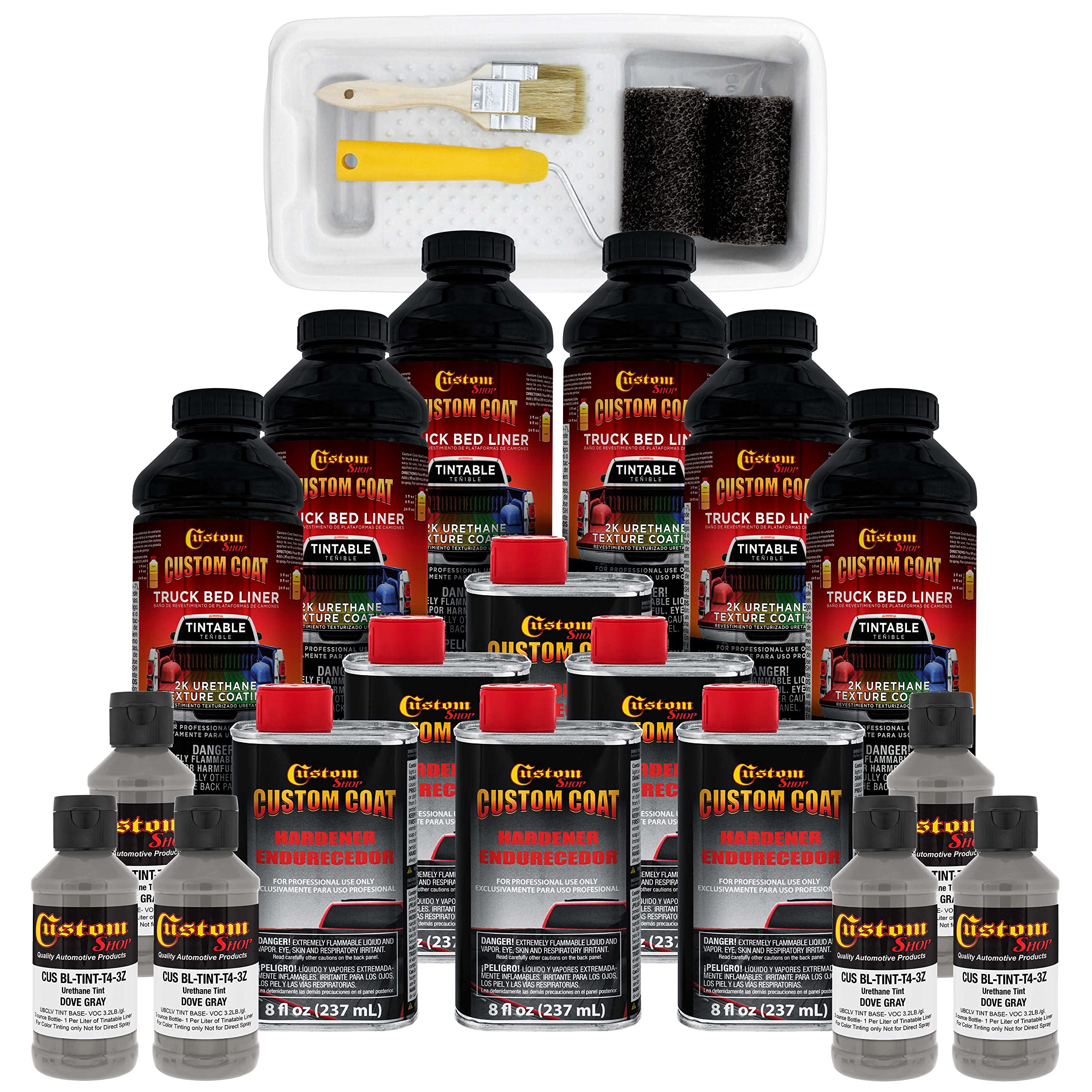 Custom Coat Dove Gray 1.5 Gallon (6 Quart) Urethane Roll-On, Brush-On Or Spray-On Truck Bed Liner Kit With Roller And Brush Appl