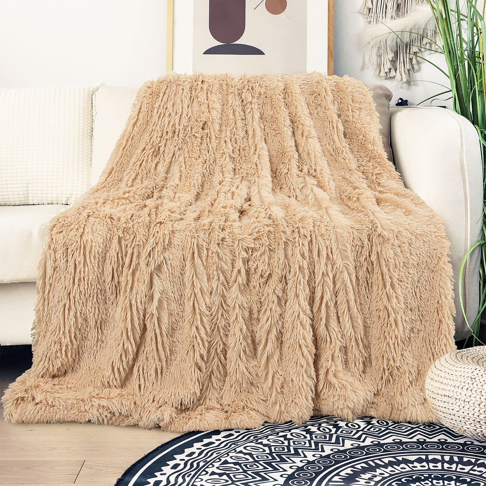 Tuddrom Decorative Extra Soft Faux Fur Blanket Twin Size 70'' X 78'',Solid Reversible Fuzzy Long Hair Shaggy Blanket,Fluffy Cozy