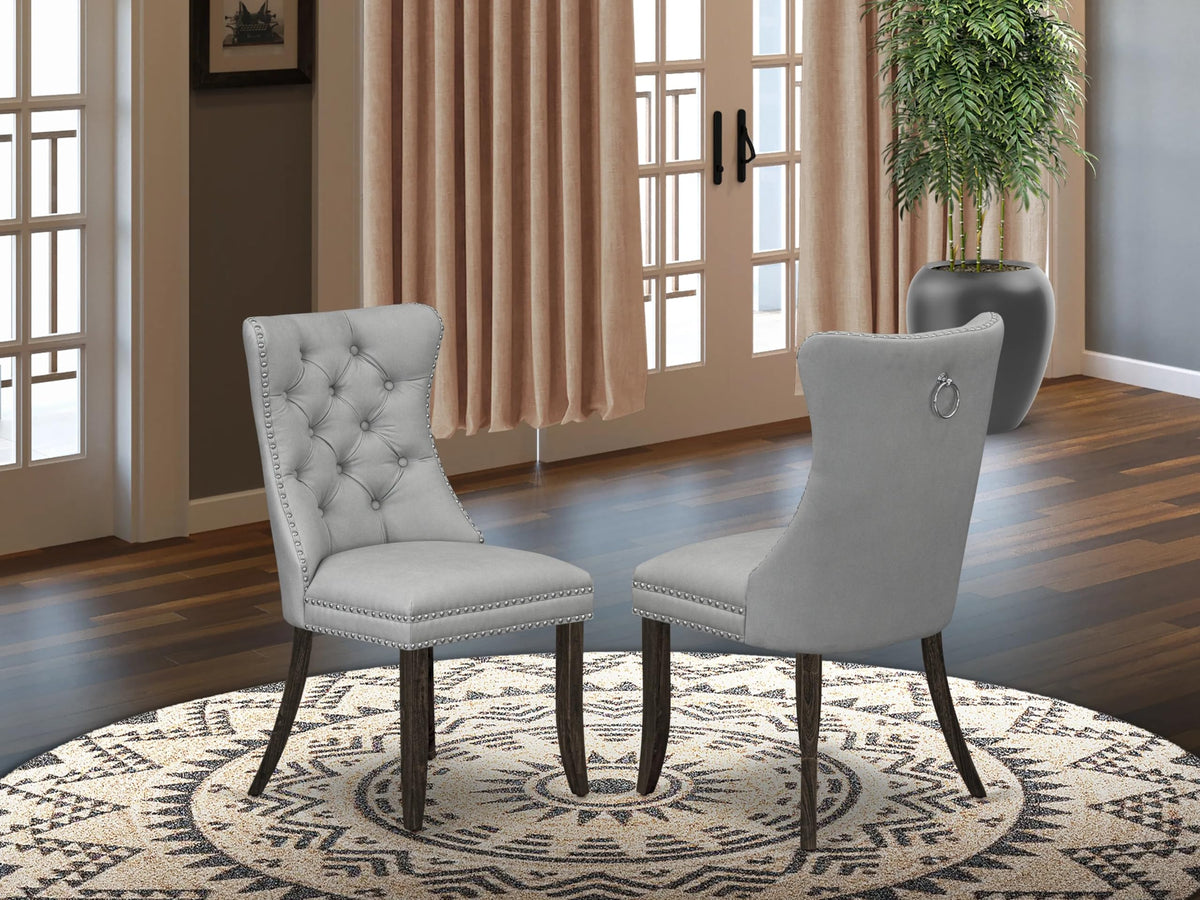East West Furniture Dap7F27 Dallas Parson Dining Chairs - Button Tufted Nailhead Light Gray Polyester Fabric Padded Chairs, Set Of 2, Distressed Jacobean