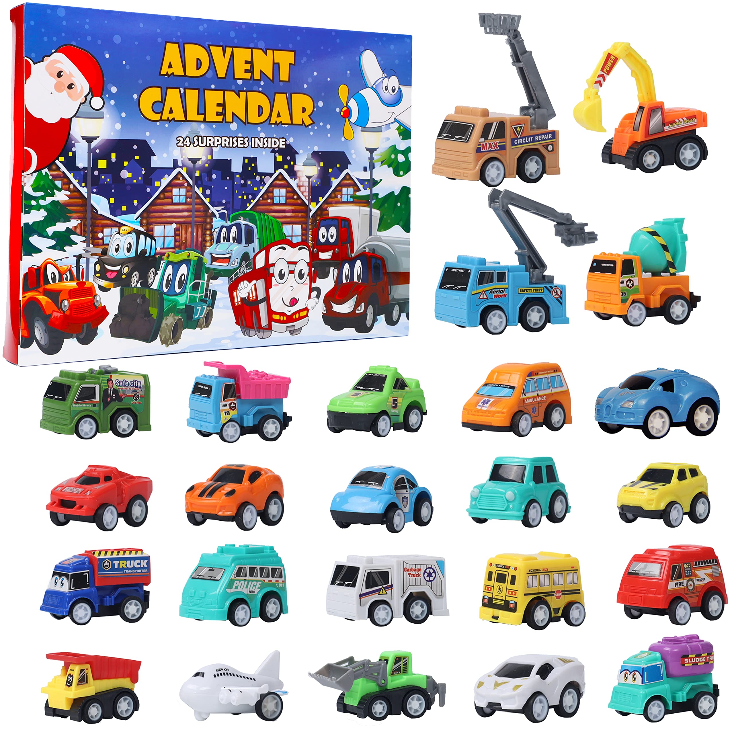 ATDAWN Christmas Advent Calendar 2024 with 24 Different Vehicles, Car Advent Calendar for Kids, Car Stocking Stuffer Toys, Count