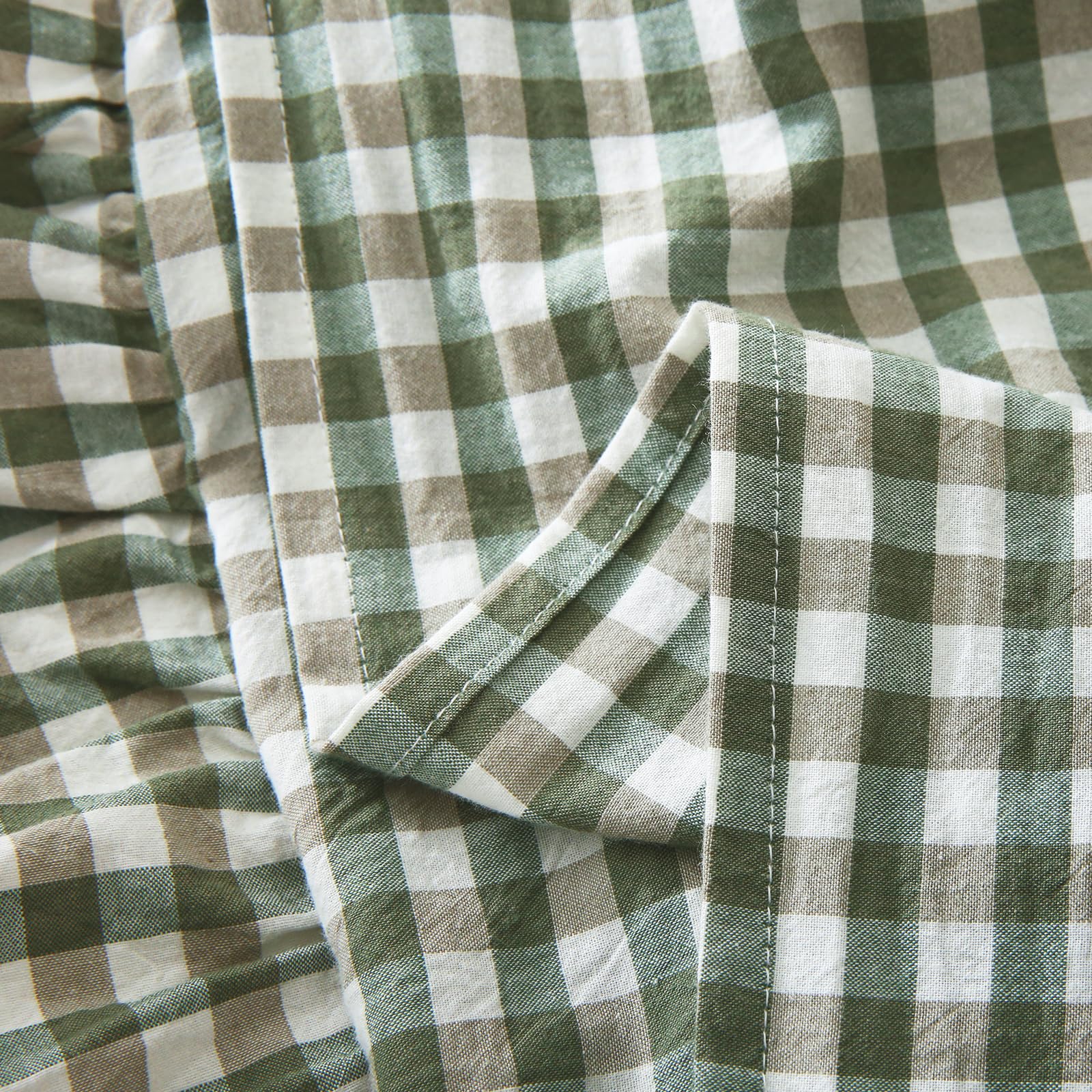 Mywinlle Sage Green Plaid Ruffle Pillow Shams Standard Set Of 2,Vintage Checkered Pillow Cases,Washed Cotton Bed Pillow Covers-2