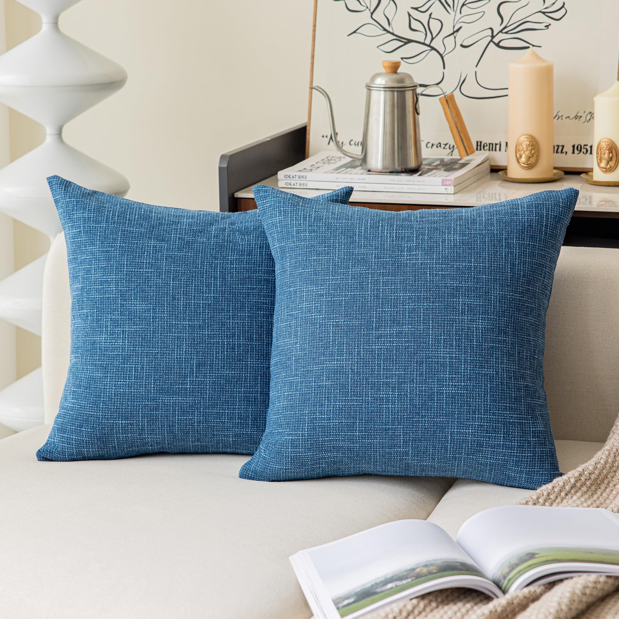 Kevin Textile Pack Of 2 Decorative 2 Tone Linen Pillow Covers Cushion Cover For Chair/Sofa/Bed/Car, 16 X 16 Inches, Navy Blue